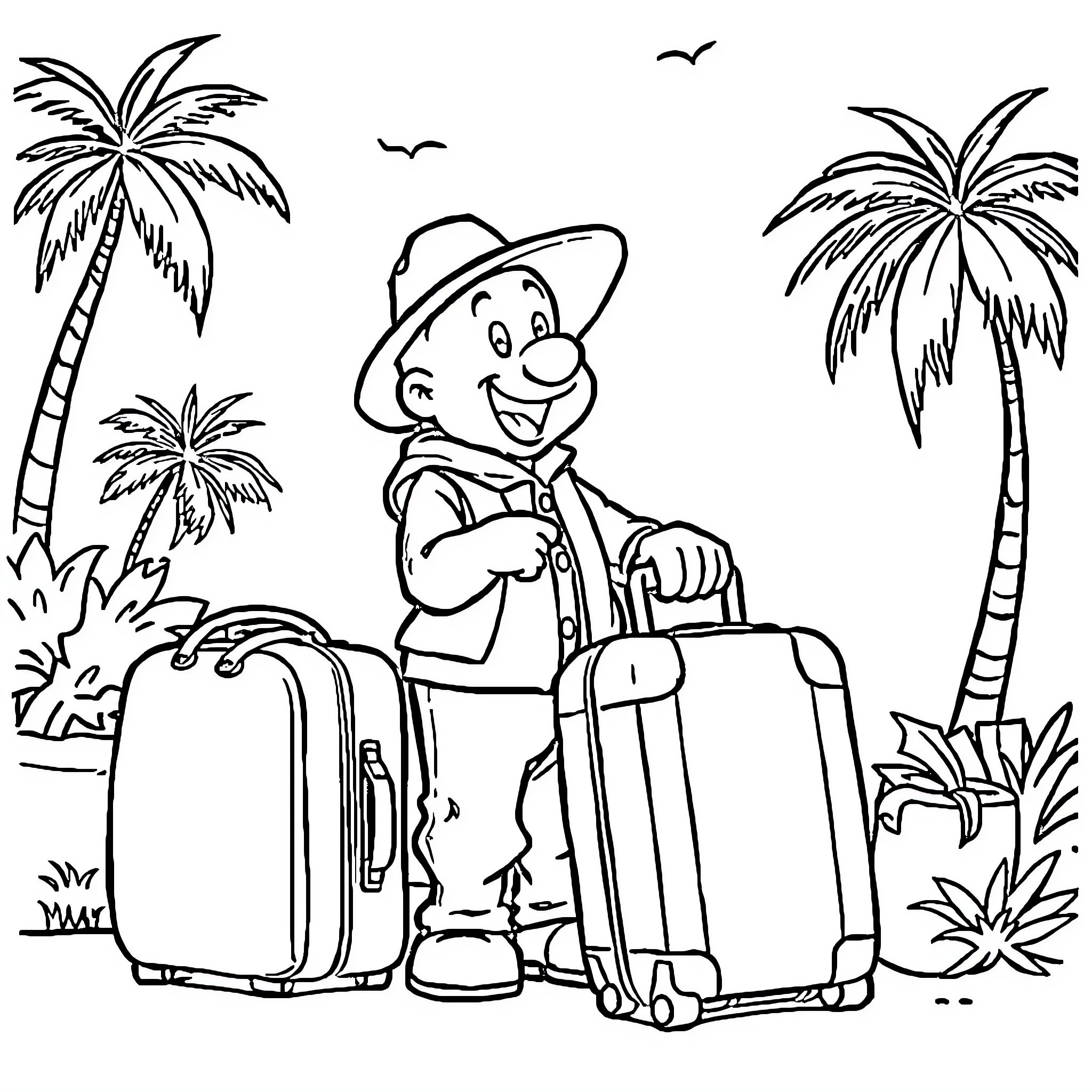 George's Tropical Vacation Adventure Coloring Page (free black-and-white line drawing printable PDF for all, from beginners to advanced learners, including children, teens, adults, and seniors)