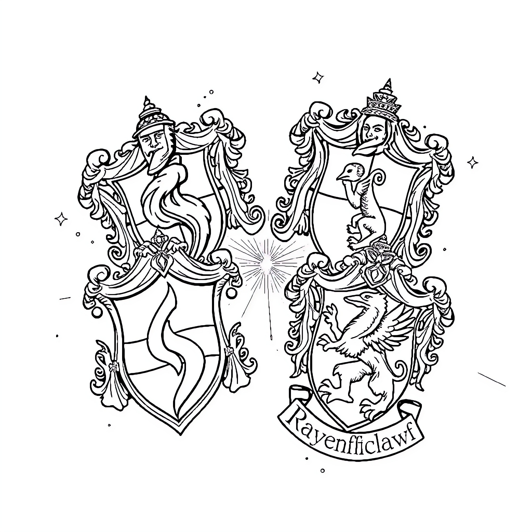 Harry Potter Emblems Depicting Magical Creatures and Symbols Coloring Page (free black-and-white line drawing printable PDF for all, from beginners to advanced learners, including children, teens, adults, and seniors)