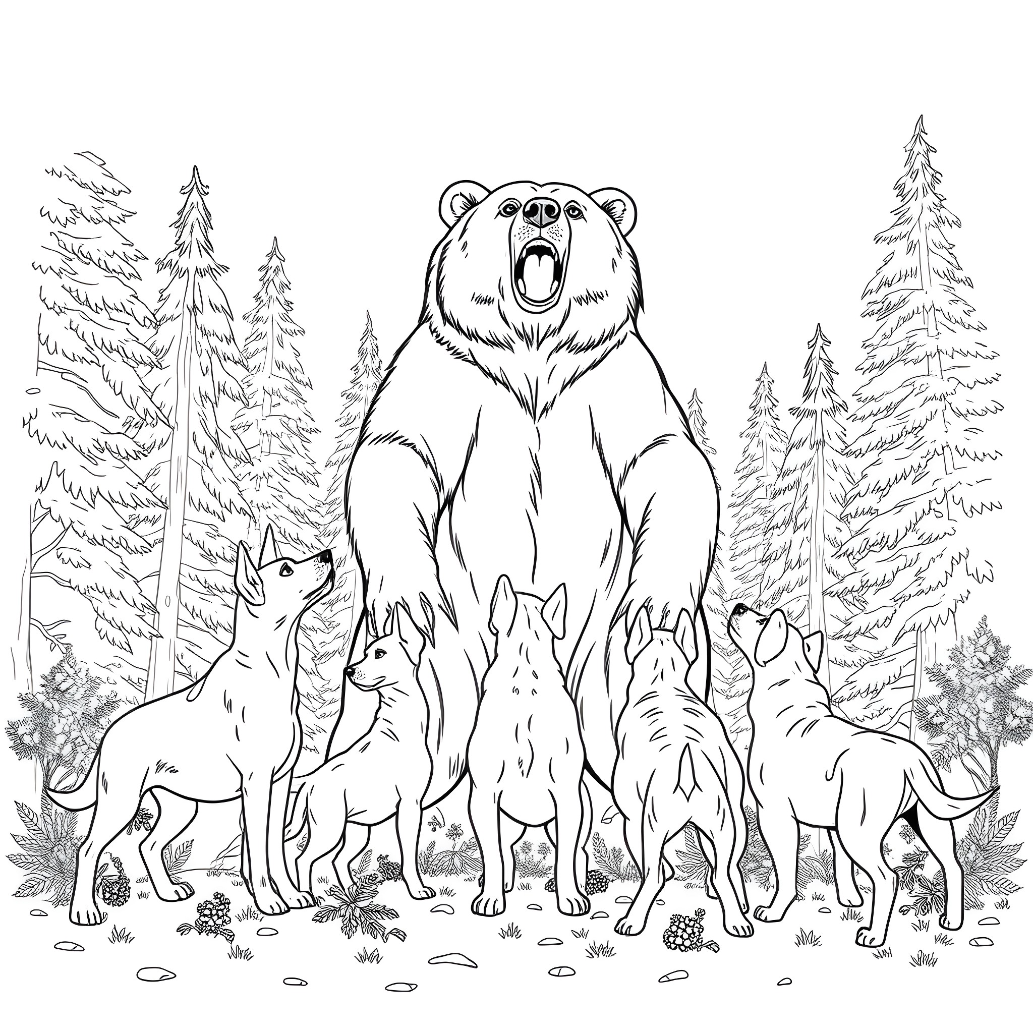 Hound pack led by a roaring bear in the forest Coloring Page (free black-and-white line drawing printable PDF for all, from beginners to advanced learners, including children, teens, adults, and seniors)