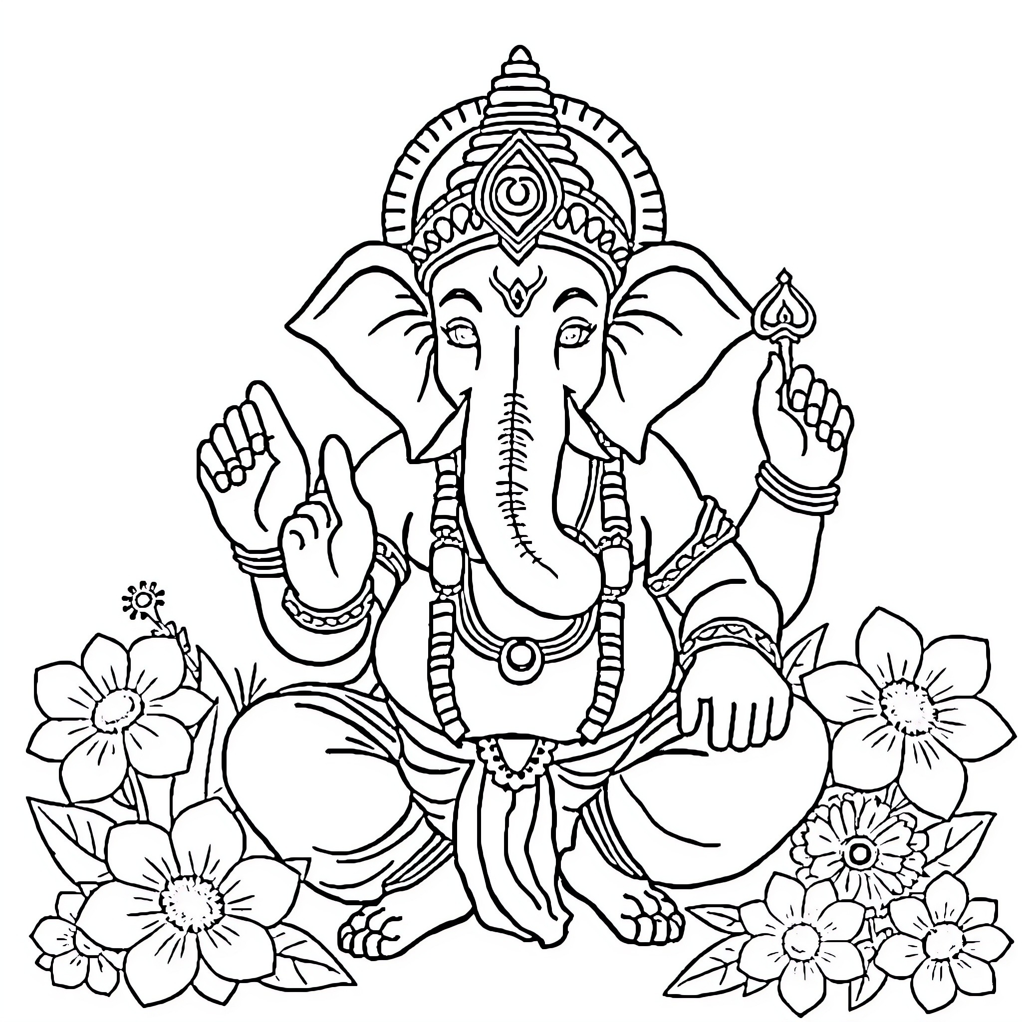 Ganapati sitting amidst floral elements Coloring Page (free black-and-white line drawing printable PDF for all, from beginners to advanced learners, including children, teens, adults, and seniors)