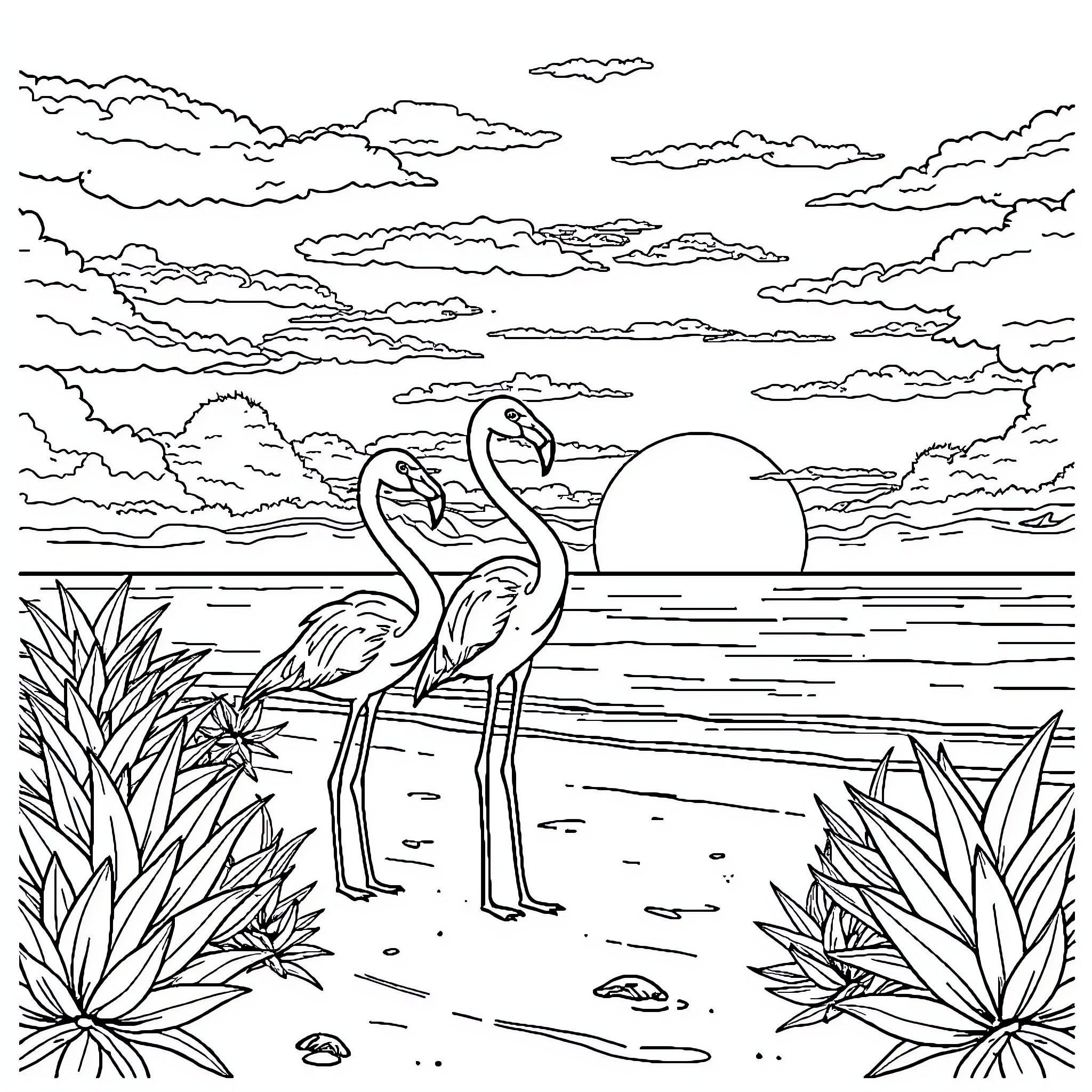Flamingos strolling along the serene beach at sunset Coloring Page (free black-and-white line drawing printable PDF for all, from beginners to advanced learners, including children, teens, adults, and seniors)