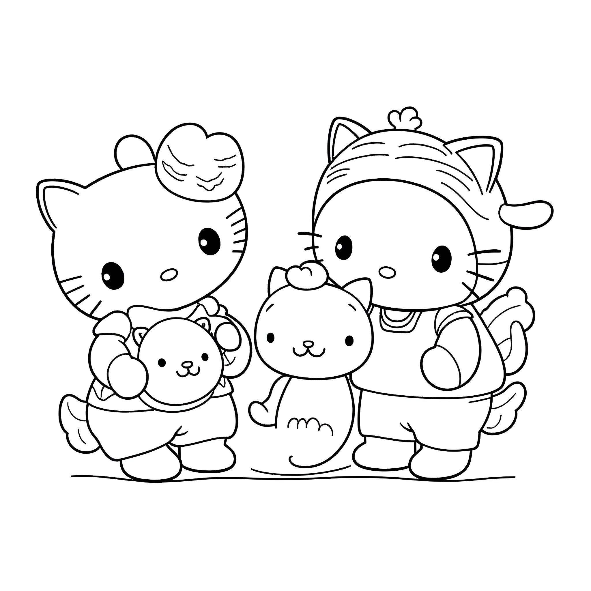 Kuromi and friends in a playful scene Coloring Page (free black-and-white line drawing printable PDF for all, from beginners to advanced learners, including children, teens, adults, and seniors)