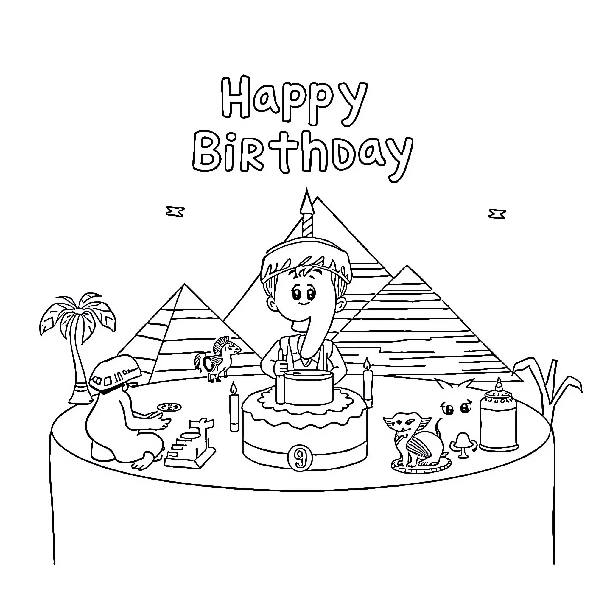 Egypt birthday party with pyramids and animals Coloring Page (free black-and-white line drawing printable PDF for all, from beginners to advanced learners, including children, teens, adults, and seniors)