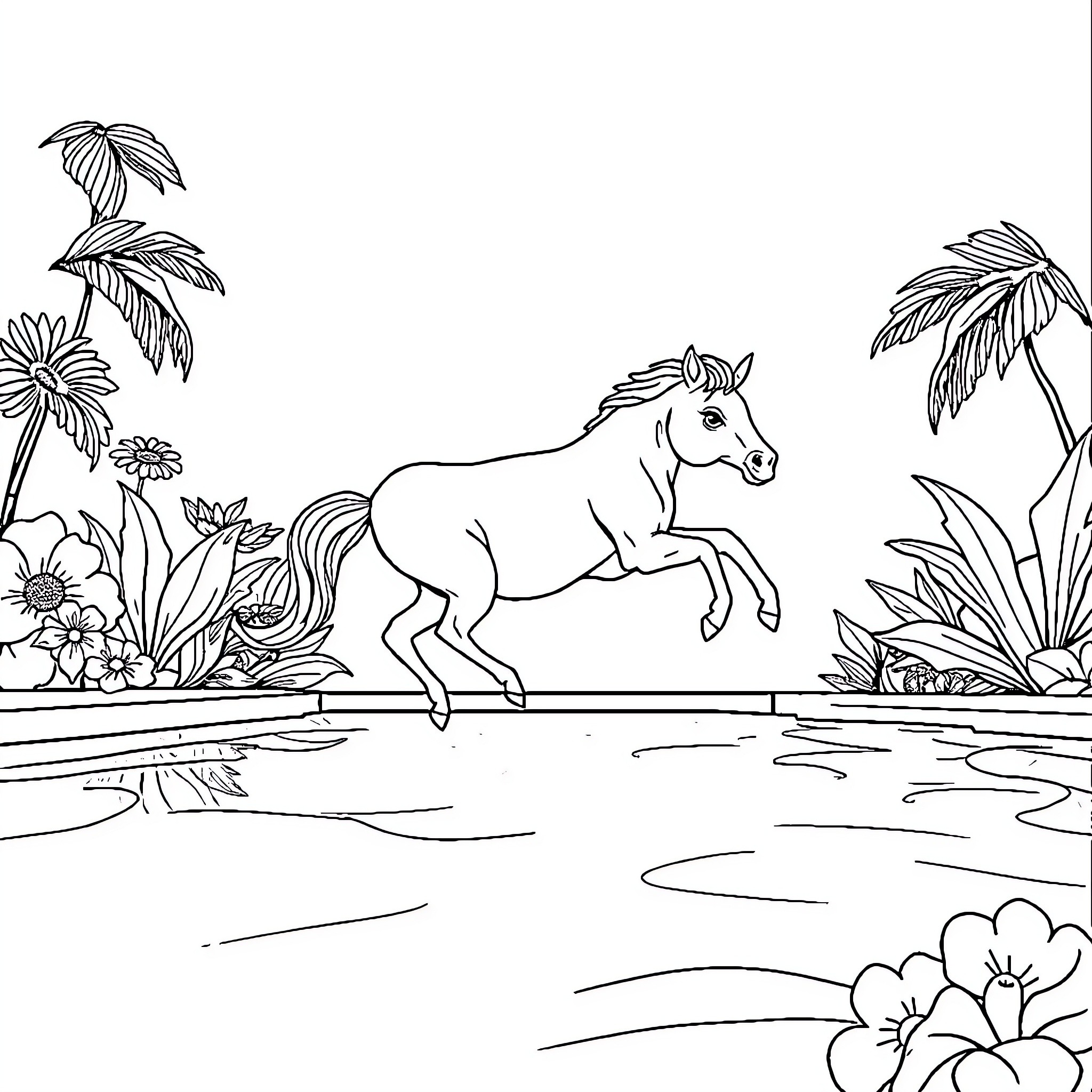 Unicorn frolicking in a tropical paradise Coloring Page (free black-and-white line drawing printable PDF for all, from beginners to advanced learners, including children, teens, adults, and seniors)