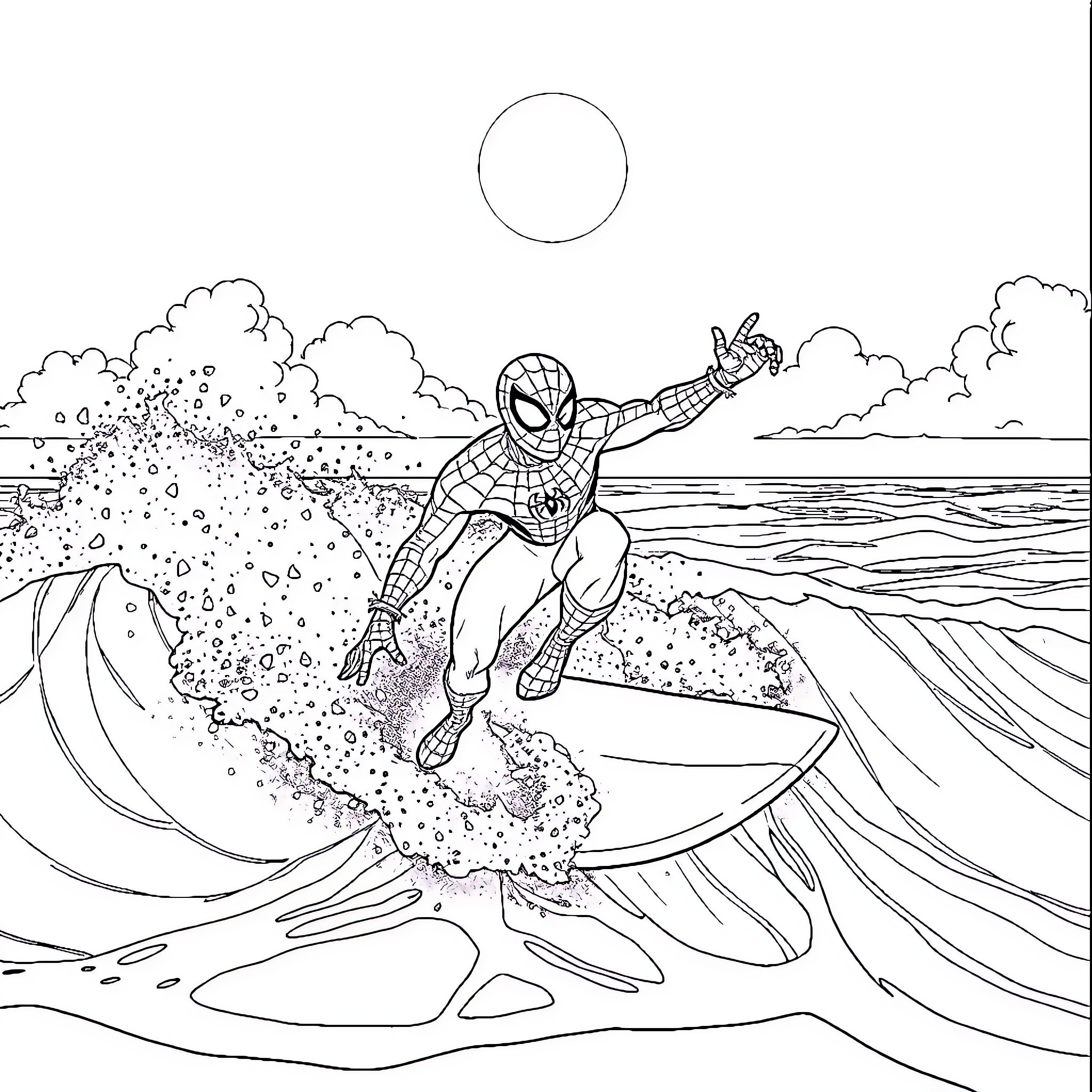 Spiderman surfing waves in action pose Coloring Page (free black-and-white line drawing printable PDF for all, from beginners to advanced learners, including children, teens, adults, and seniors)