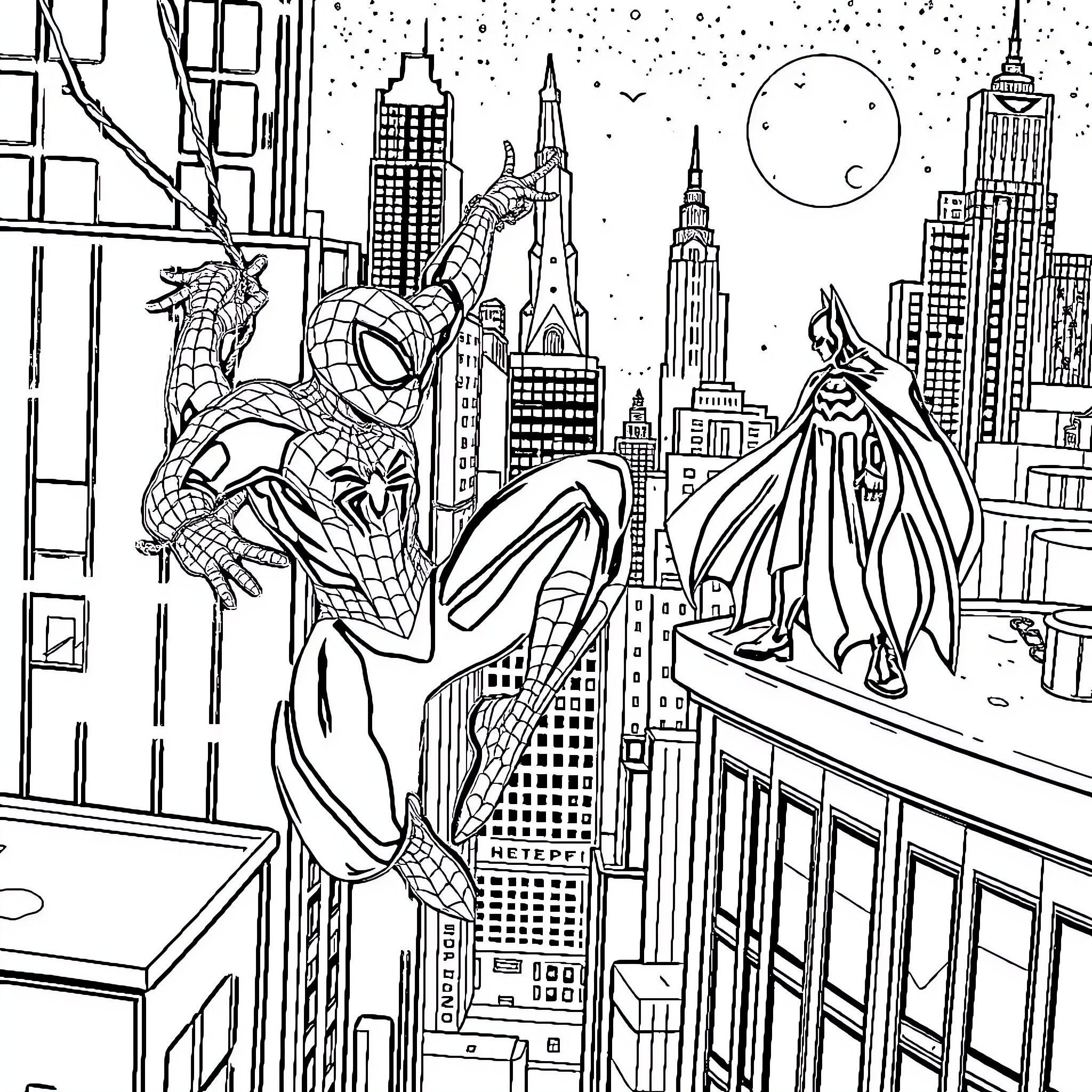 Spider-Man swinging through the city with Batman Coloring Page (free black-and-white line drawing printable PDF for all, from beginners to advanced learners, including children, teens, adults, and seniors)
