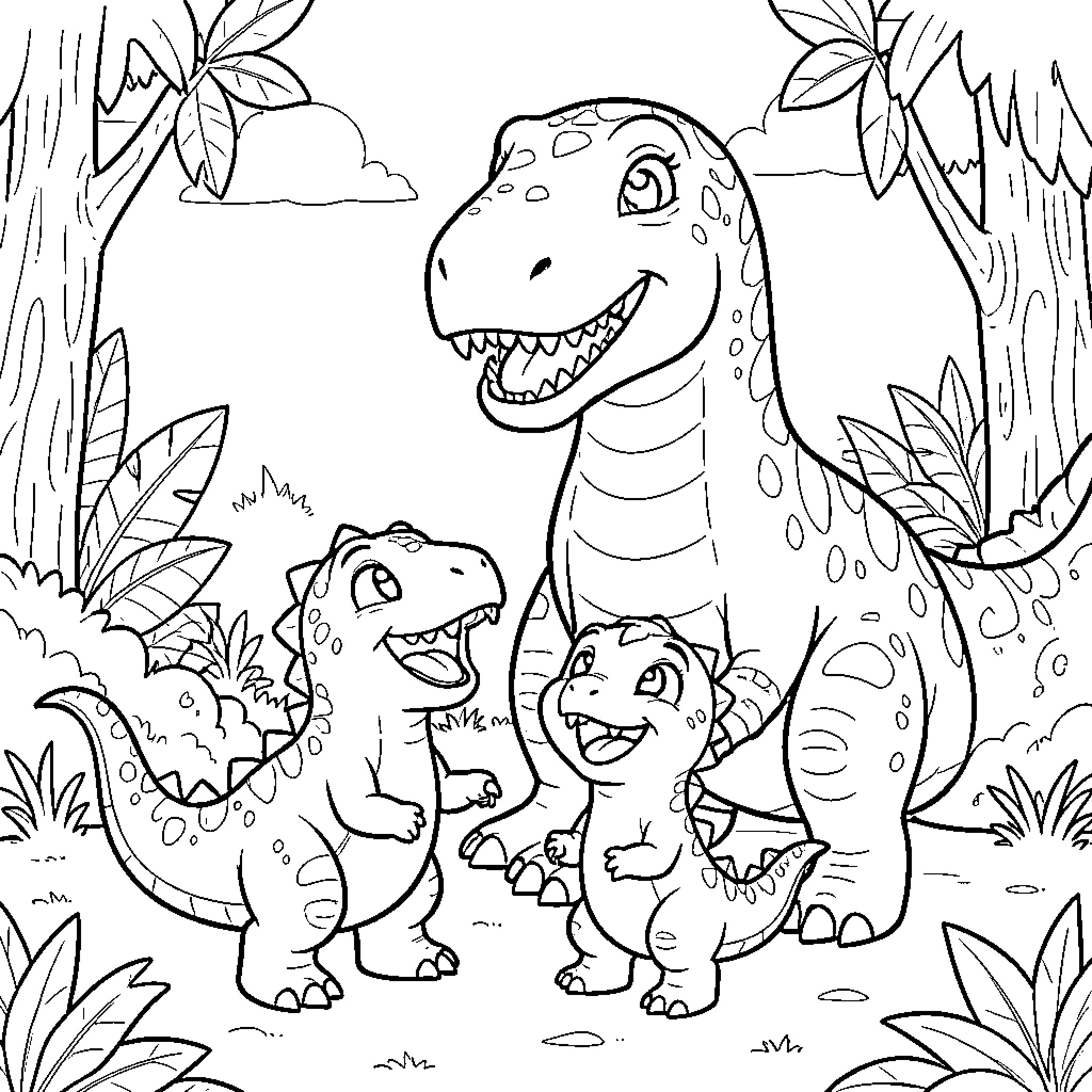 Dinosaur family smiling together in a lush jungle Coloring Page (free black-and-white line drawing printable PDF for all, from beginners to advanced learners, including children, teens, adults, and seniors)