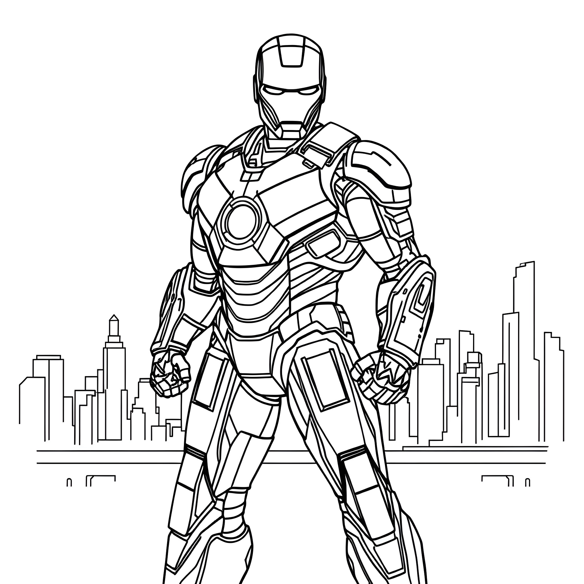 Iron Man in heroic stance against cityscape Coloring Page (free black-and-white line drawing printable PDF for all, from beginners to advanced learners, including children, teens, adults, and seniors)