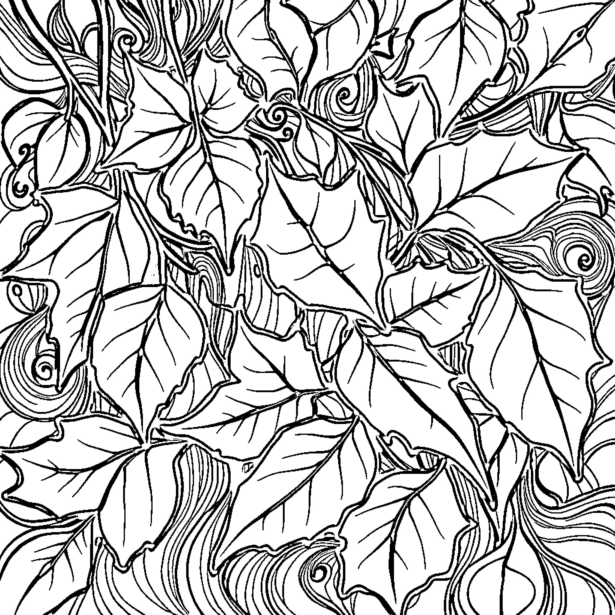 Abstract Floral Patterns and Leaves Coloring Page (free black-and-white line drawing printable PDF for all, from beginners to advanced learners, including children, teens, adults, and seniors)