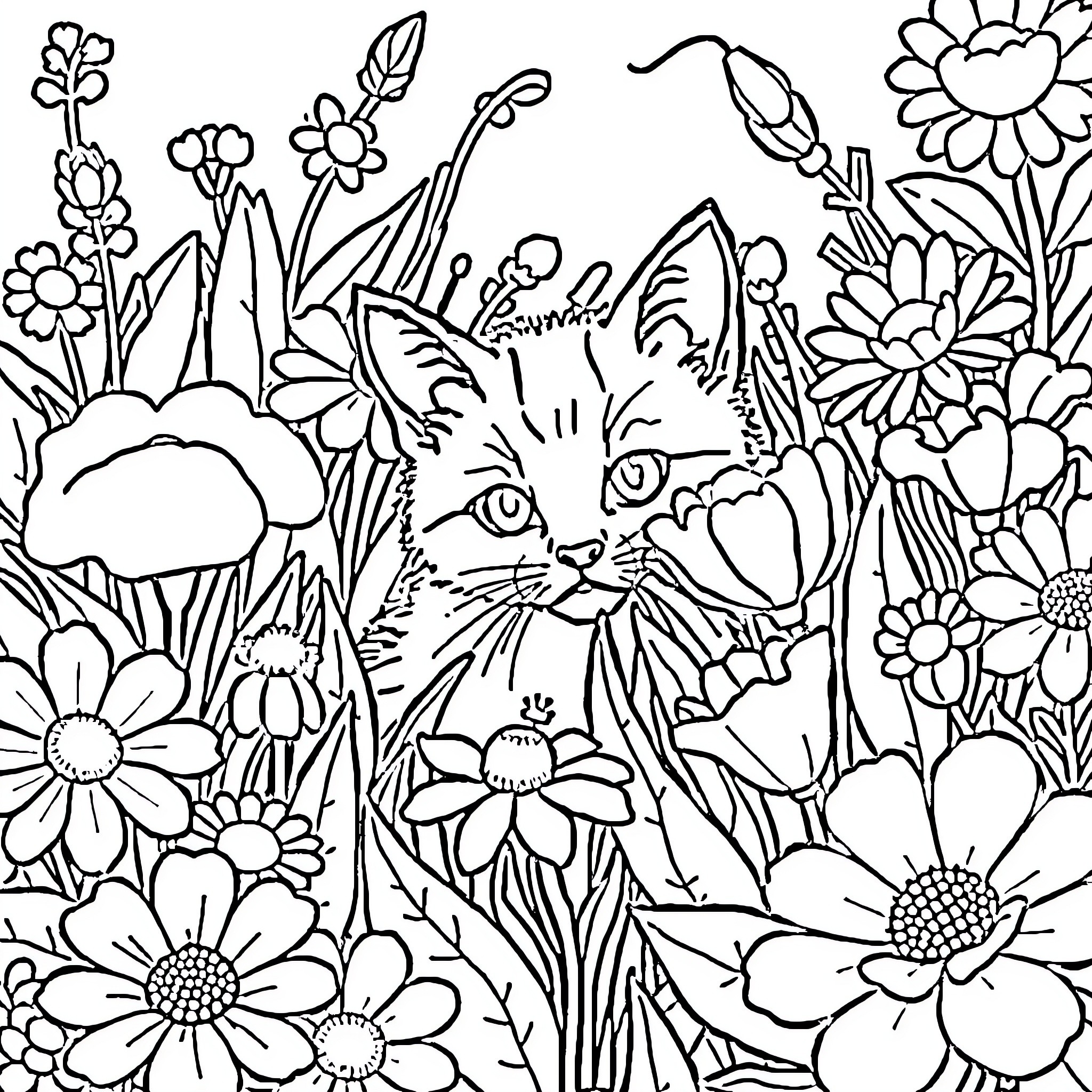 Cat peeking through a floral garden Coloring Page (free black-and-white line drawing printable PDF for all, from beginners to advanced learners, including children, teens, adults, and seniors)