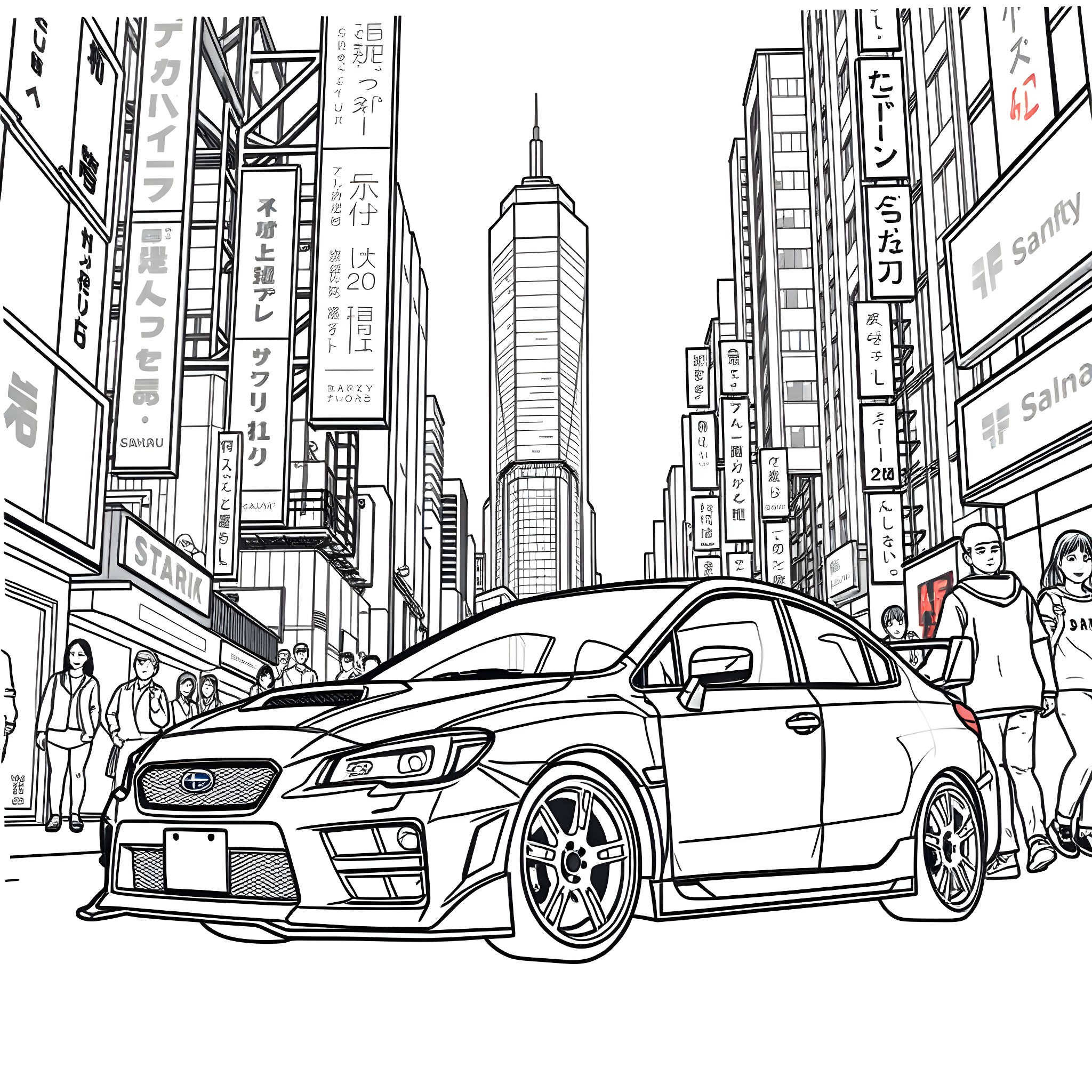 Subaru sports car in a bustling city scene Coloring Page (free black-and-white line drawing printable PDF for all, from beginners to advanced learners, including children, teens, adults, and seniors)