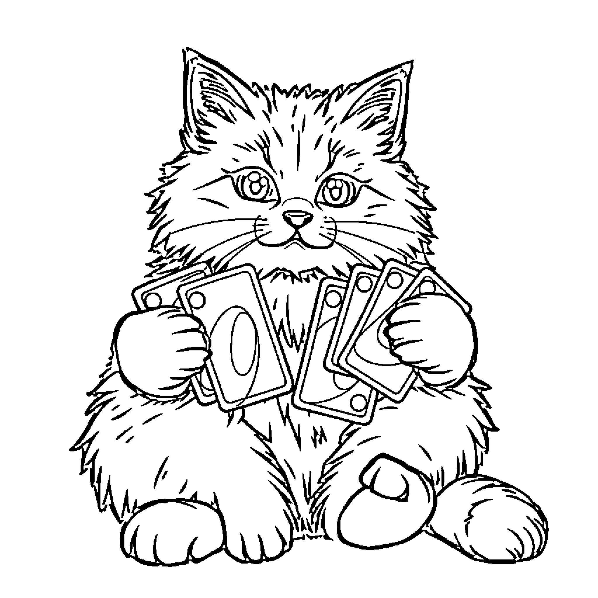 Cat playing with playing cards Coloring Page (free black-and-white line drawing printable PDF for all, from beginners to advanced learners, including children, teens, adults, and seniors)