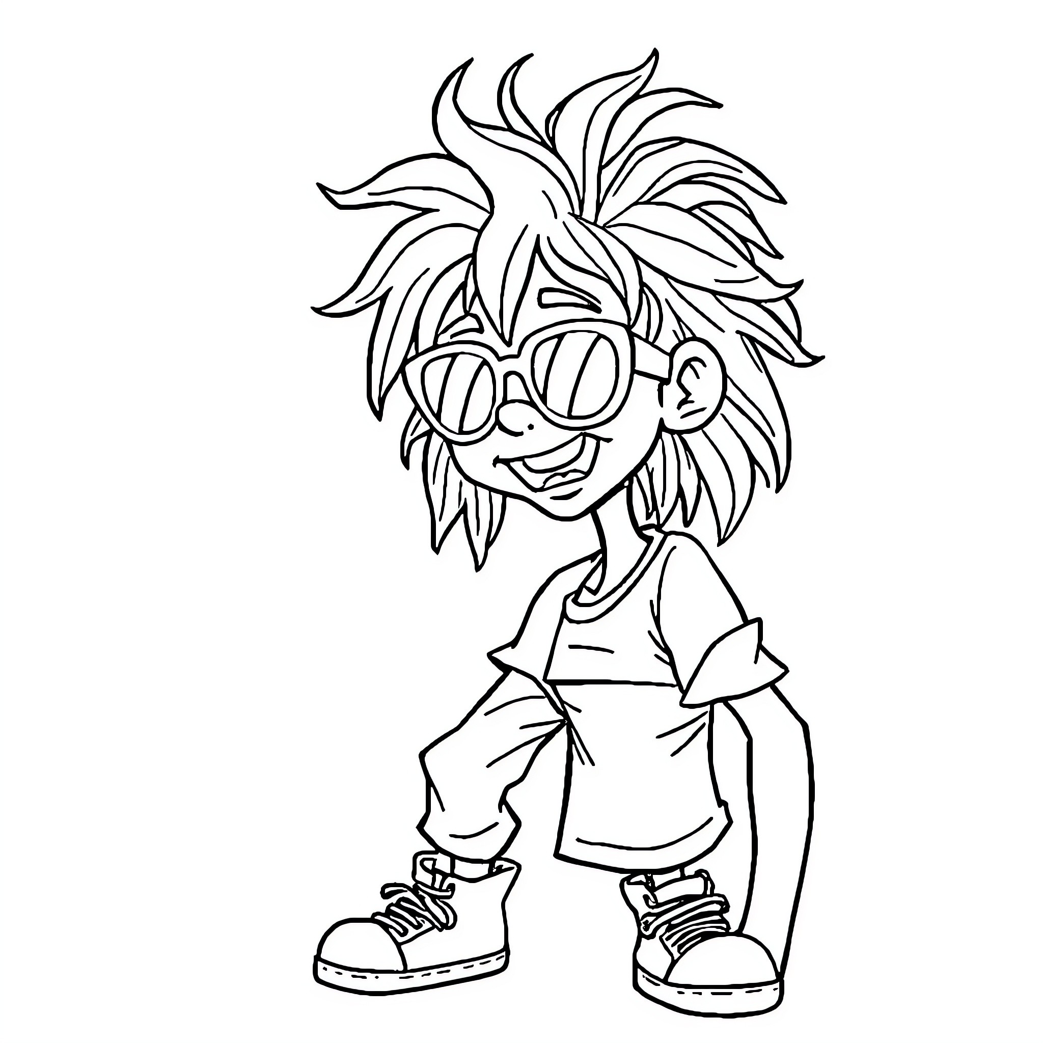 Drippy Cartoon Character with Messy Hair and Glasses Coloring Page (free black-and-white line drawing printable PDF for all, from beginners to advanced learners, including children, teens, adults, and seniors)