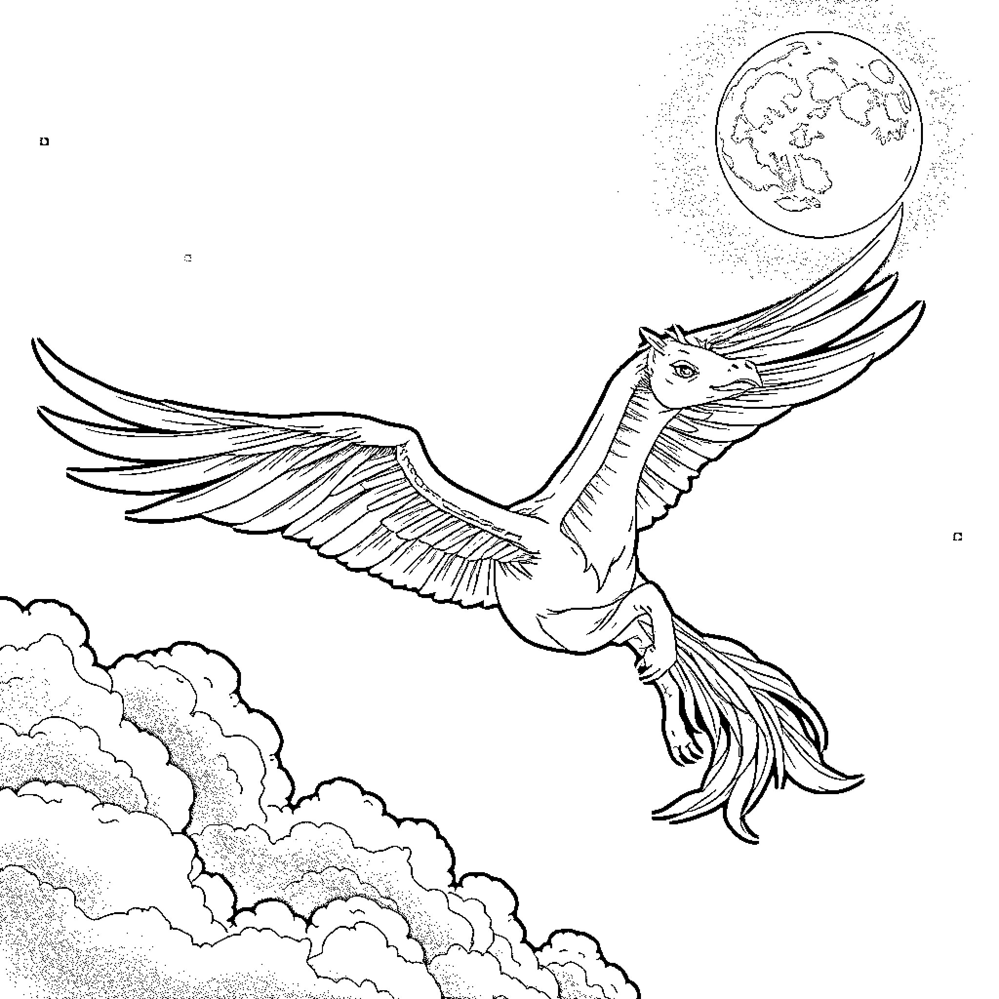 Hippogriff soaring under the moonlit sky Coloring Page (free black-and-white line drawing printable PDF for all, from beginners to advanced learners, including children, teens, adults, and seniors)