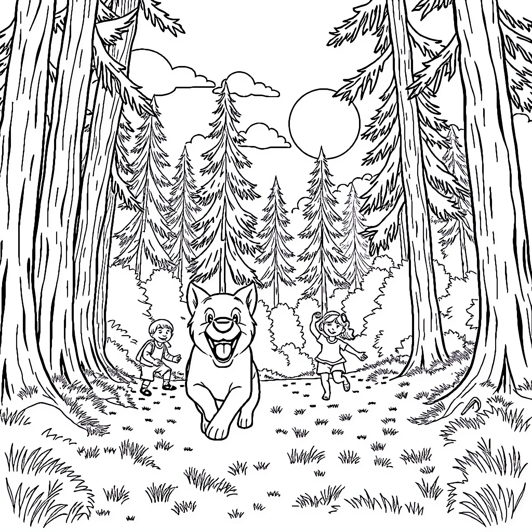 Dog frolicking with children in the forest Coloring Page (free black-and-white line drawing printable PDF for all, from beginners to advanced learners, including children, teens, adults, and seniors)