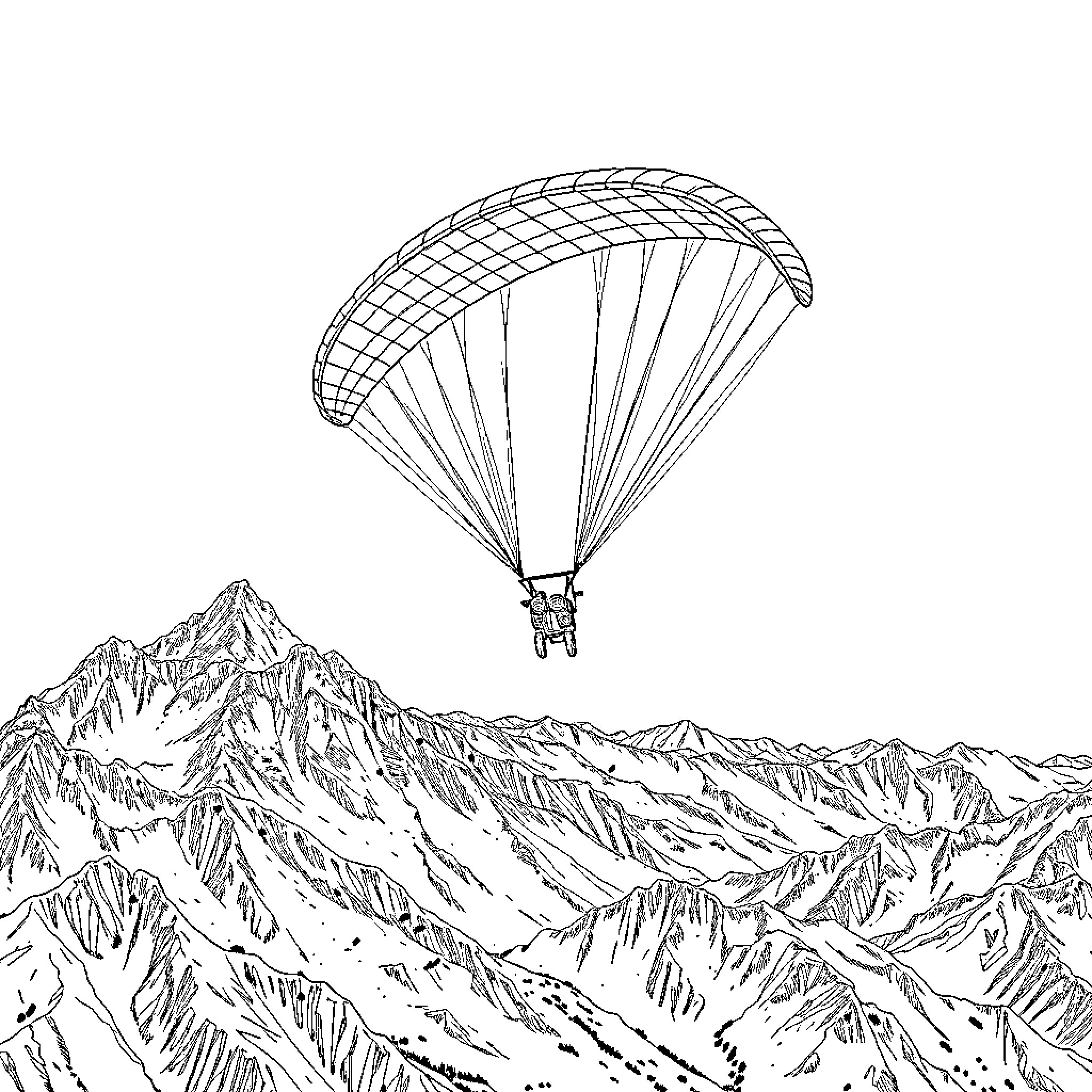 Paramotor soaring over rugged mountain landscape Coloring Page (free black-and-white line drawing printable PDF for all, from beginners to advanced learners, including children, teens, adults, and seniors)