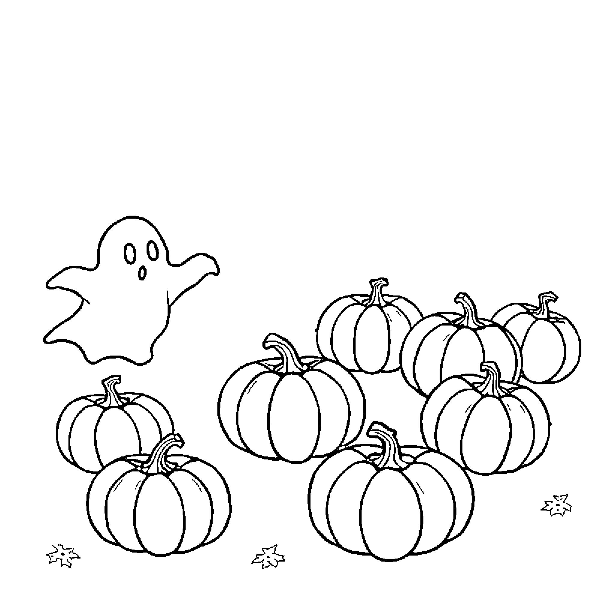 Ghost and Pumpkins Celebrate Halloween Coloring Page (free black-and-white line drawing printable PDF for all, from beginners to advanced learners, including children, teens, adults, and seniors)