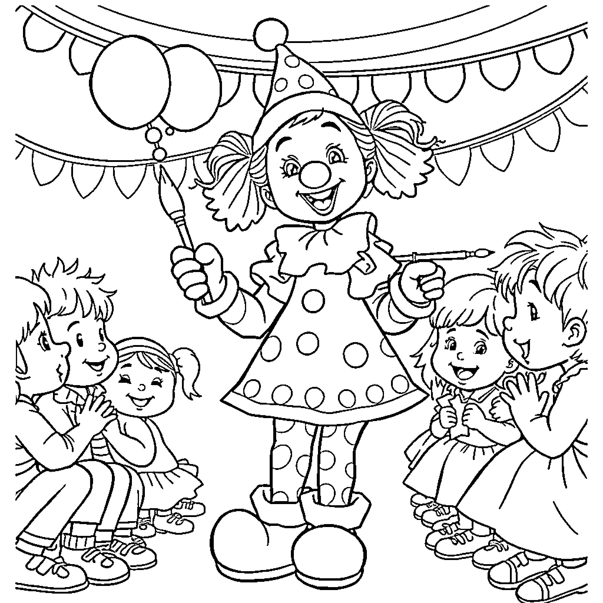 Clown entertains children at a party Coloring Page (free black-and-white line drawing printable PDF for all, from beginners to advanced learners, including children, teens, adults, and seniors)