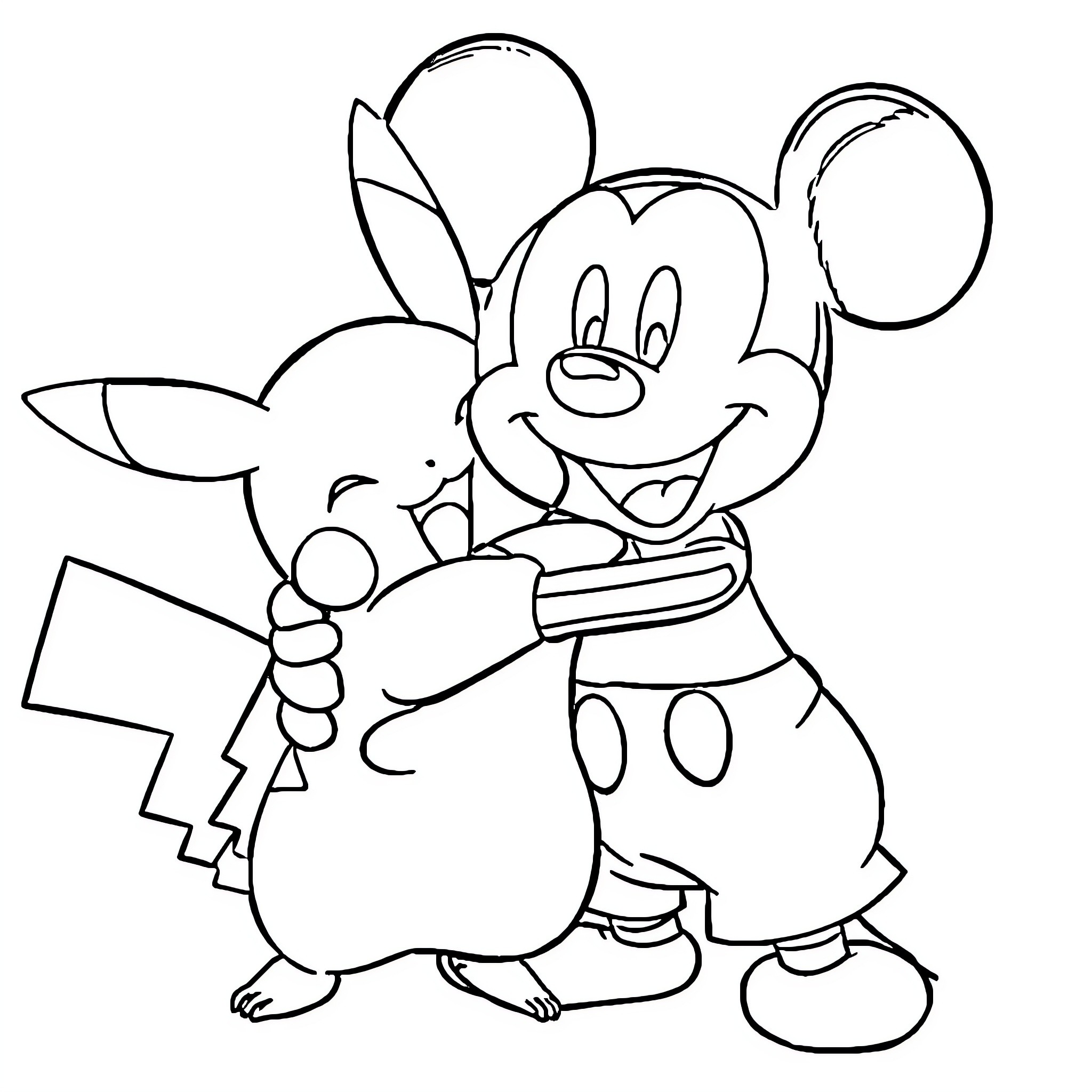Pikachu and Mickey Mouse playing together Coloring Page (free black-and-white line drawing printable PDF for all, from beginners to advanced learners, including children, teens, adults, and seniors)