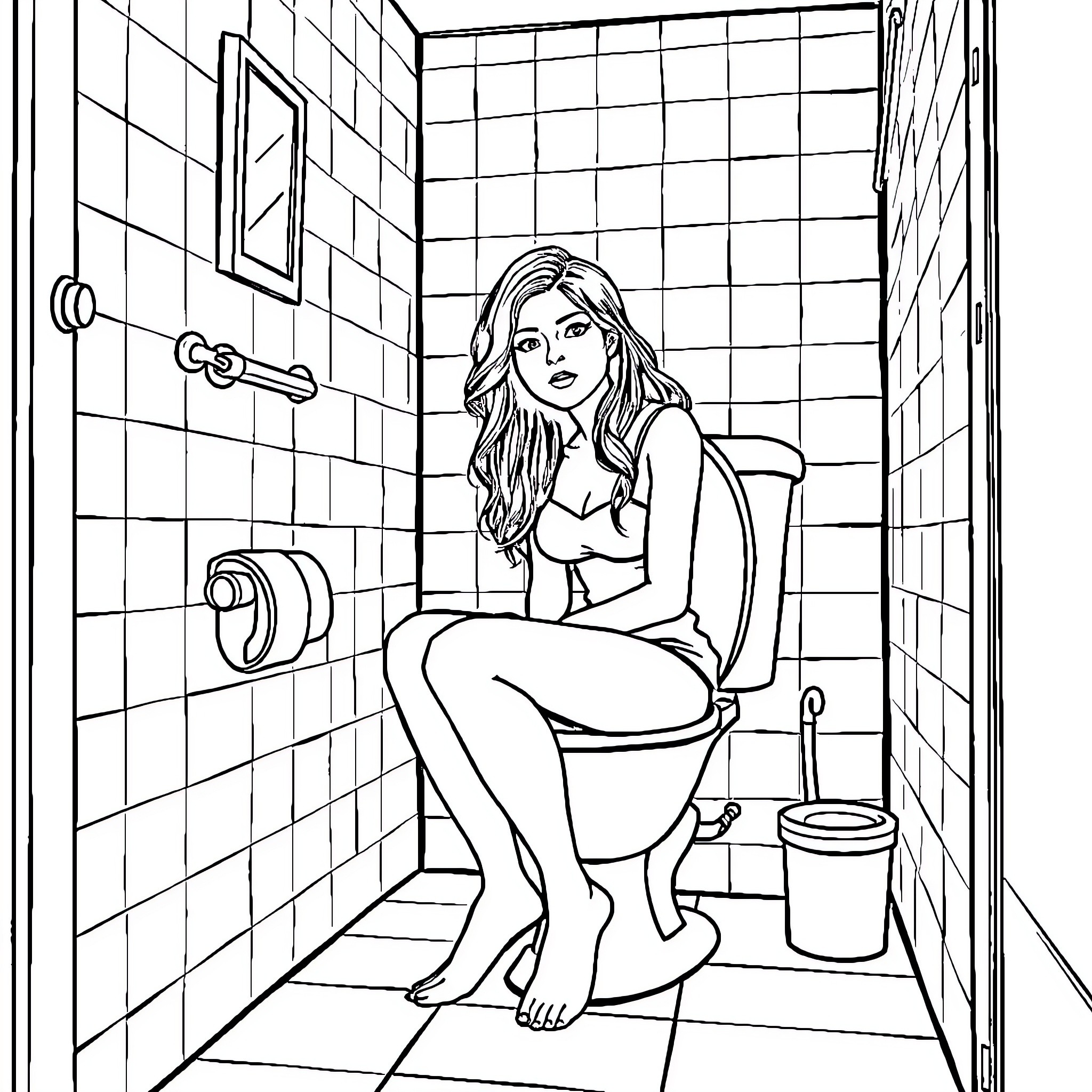 Woman sitting pensively in bathroom stall Coloring Page (free black-and-white line drawing printable PDF for all, from beginners to advanced learners, including children, teens, adults, and seniors)