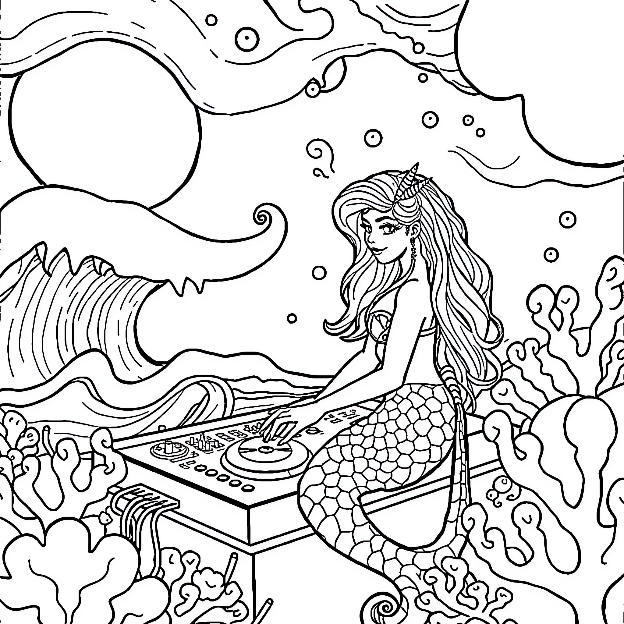 Mermaid DJ spinning tunes underwater Coloring Page (free black-and-white line drawing printable PDF for all, from beginners to advanced learners, including children, teens, adults, and seniors)