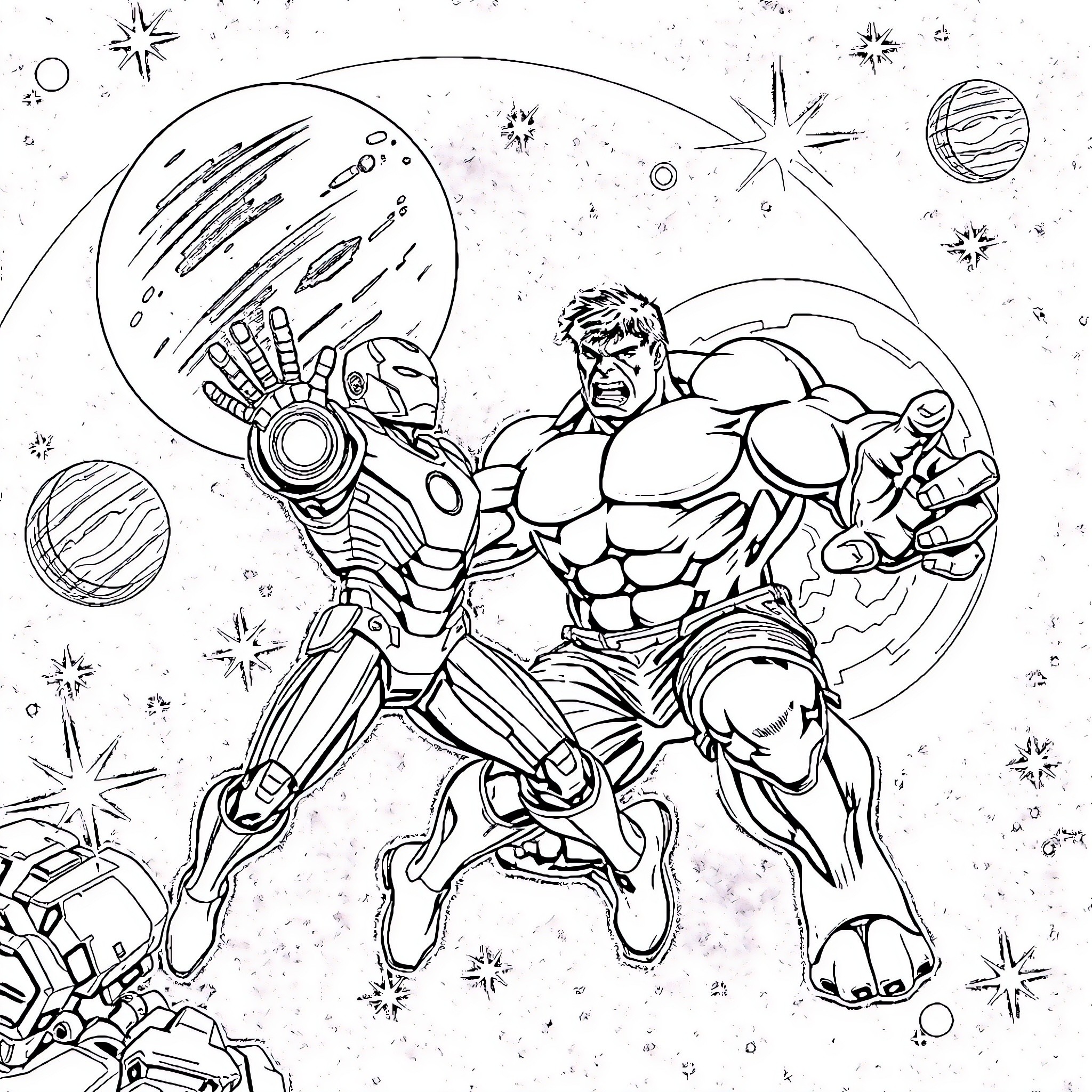 Ironman battling in the cosmic landscape Coloring Page (free black-and-white line drawing printable PDF for all, from beginners to advanced learners, including children, teens, adults, and seniors)