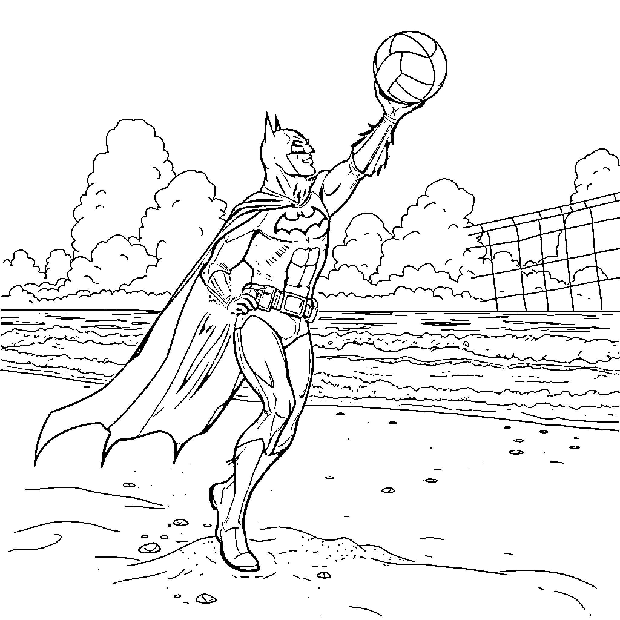 Batman Soaring Through the Sky with Determination Coloring Page (free black-and-white line drawing printable PDF for all, from beginners to advanced learners, including children, teens, adults, and seniors)