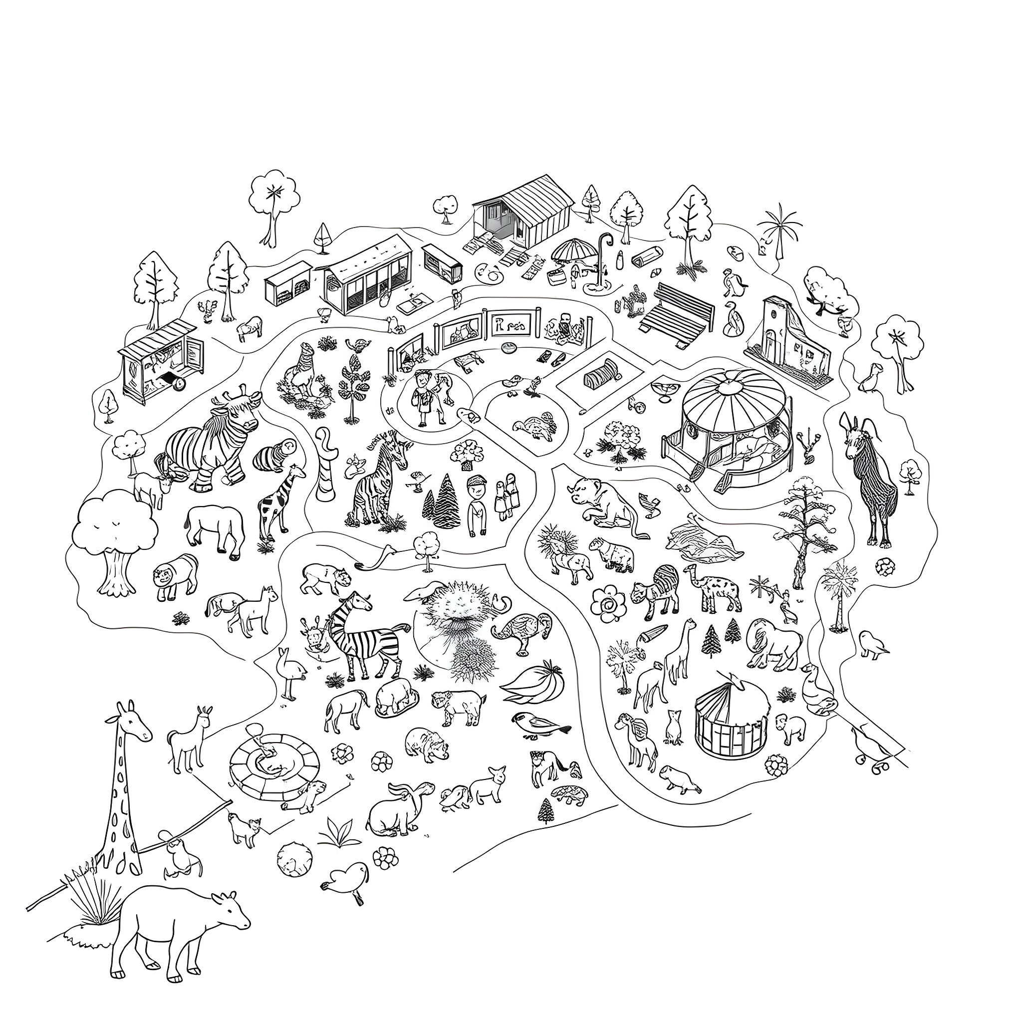 Zoo with diverse animals and environments Coloring Page (free black-and-white line drawing printable PDF for all, from beginners to advanced learners, including children, teens, adults, and seniors)