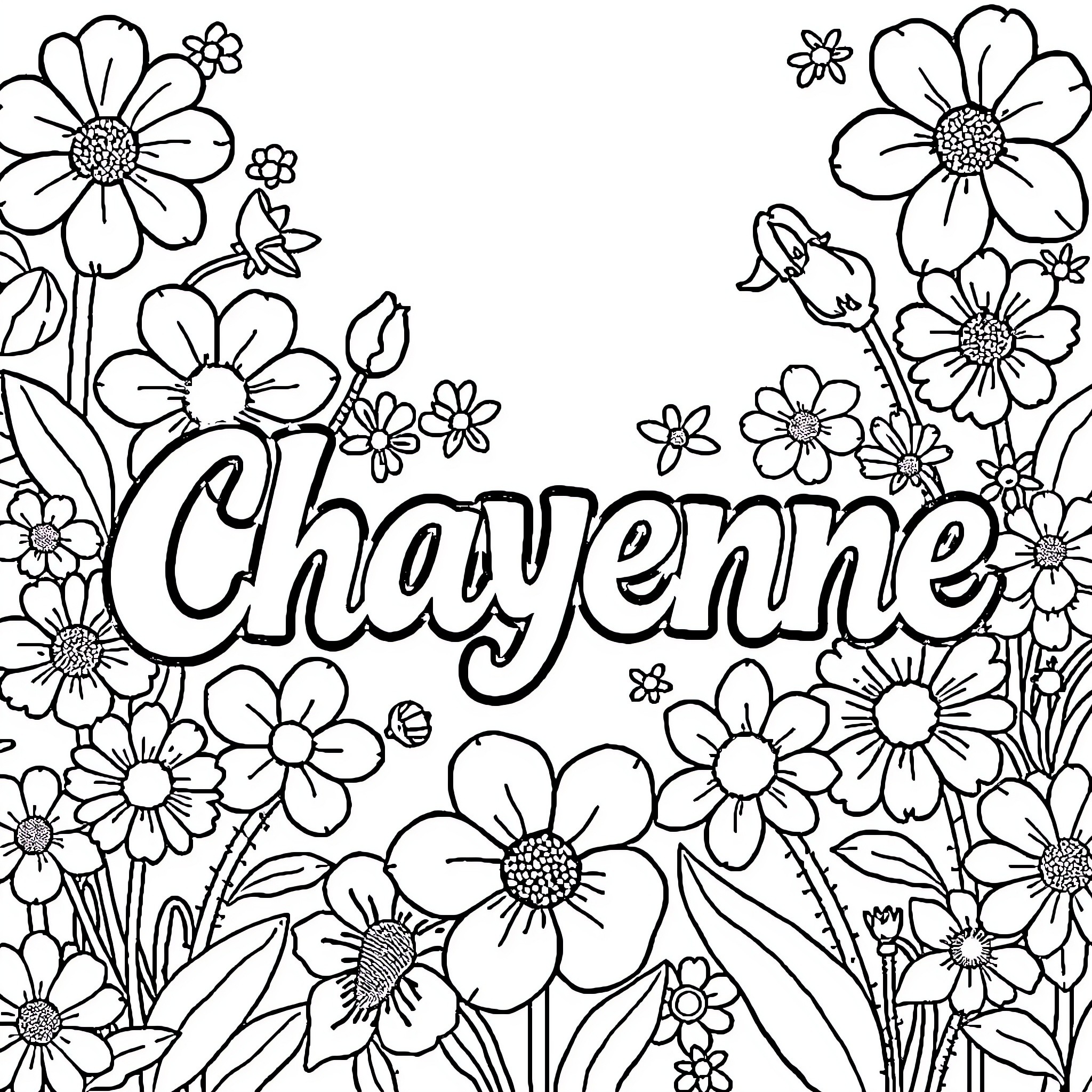 Chayenne enjoying a floral meadow Coloring Page (free black-and-white line drawing printable PDF for all, from beginners to advanced learners, including children, teens, adults, and seniors)