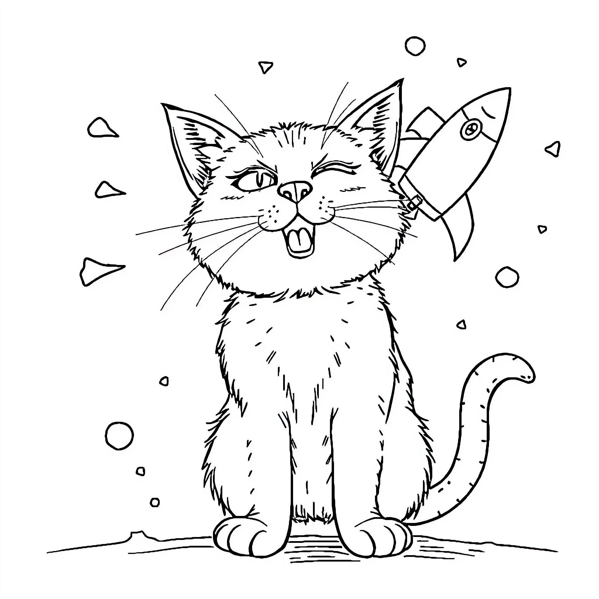 Cat enjoying playful fish in the sea Coloring Page (free black-and-white line drawing printable PDF for all, from beginners to advanced learners, including children, teens, adults, and seniors)