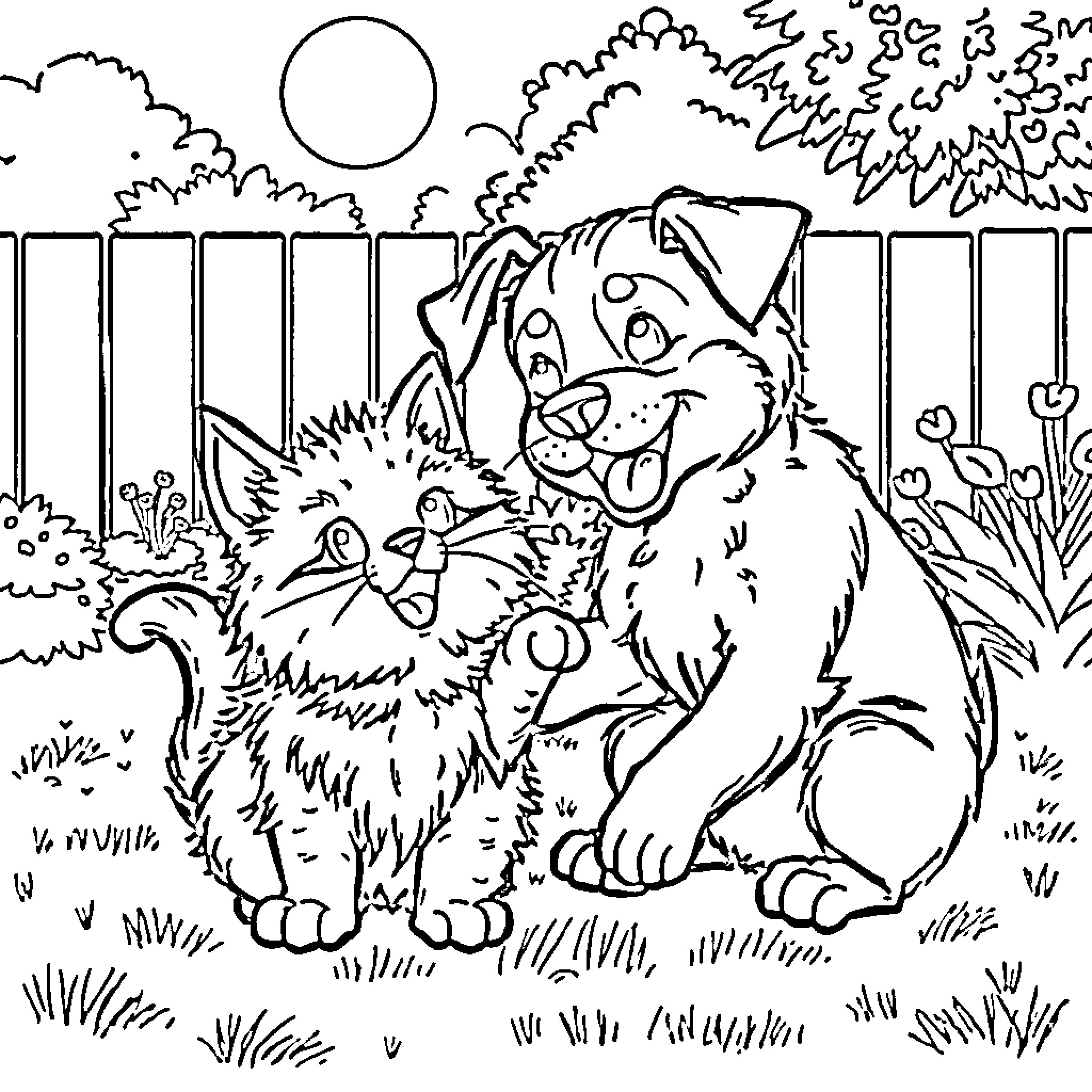 Dog friends playing joyfully in the yard Coloring Page (free black-and-white line drawing printable PDF for all, from beginners to advanced learners, including children, teens, adults, and seniors)