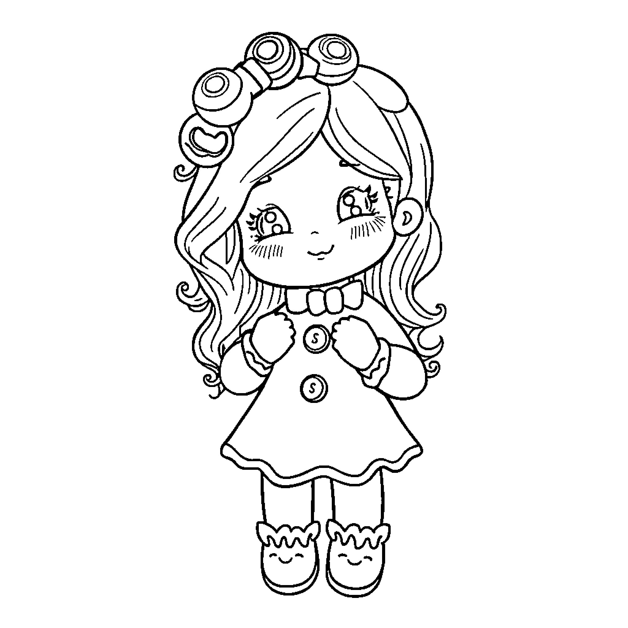 Gingerbread Girl with Fancy Hairstyle and Dress Coloring Page (free black-and-white line drawing printable PDF for all, from beginners to advanced learners, including children, teens, adults, and seniors)