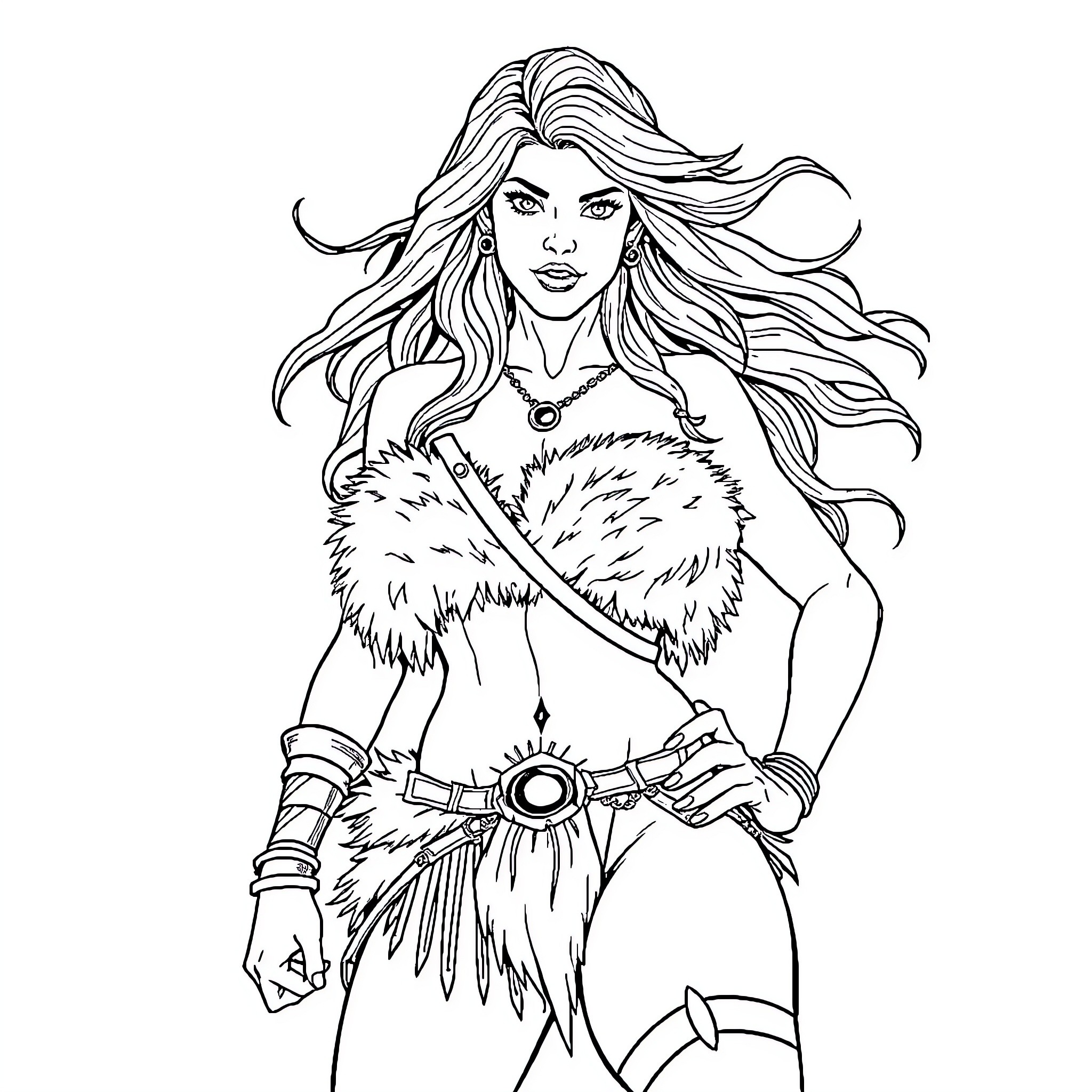 Barbarian Woman Wielding Powerful Weaponry in Battle Coloring Page (free black-and-white line drawing printable PDF for all, from beginners to advanced learners, including children, teens, adults, and seniors)