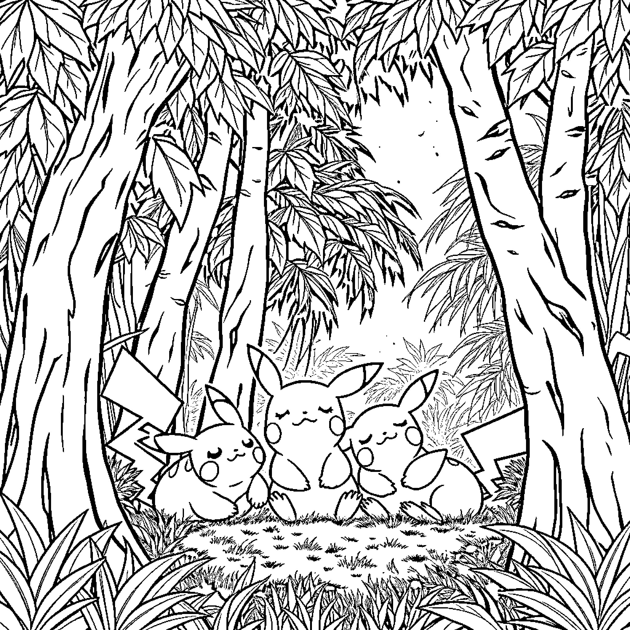 Pikachu and friends in the forest Coloring Page (free black-and-white line drawing printable PDF for all, from beginners to advanced learners, including children, teens, adults, and seniors)