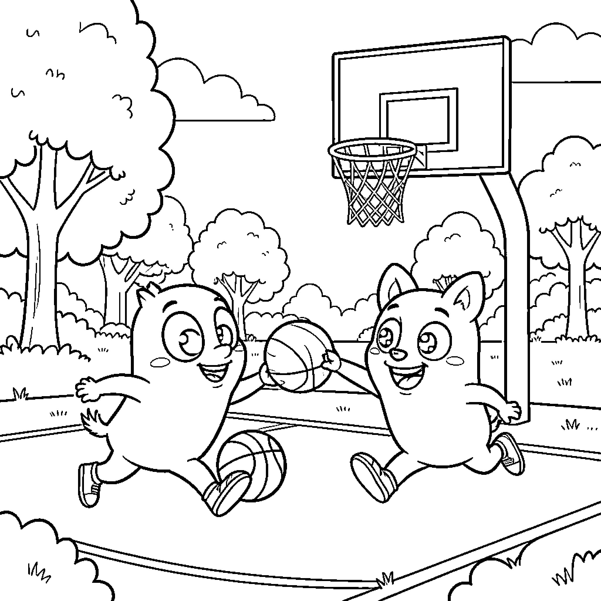Bluey playing basketball with friends in the park Coloring Page (free black-and-white line drawing printable PDF for all, from beginners to advanced learners, including children, teens, adults, and seniors)