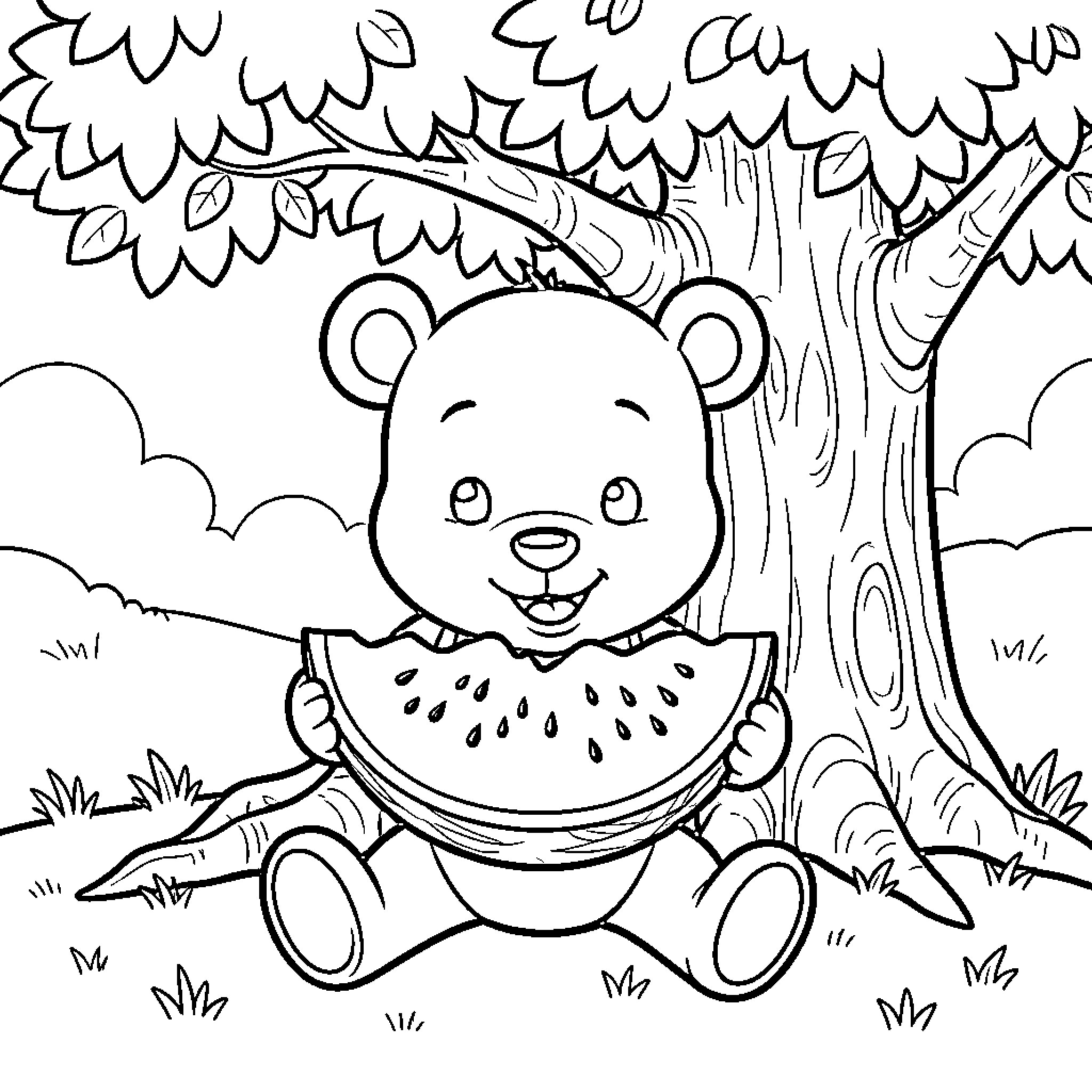 Winnie The Pooh sitting and eating a watermelon slice Coloring Page (free black-and-white line drawing printable PDF for all, from beginners to advanced learners, including children, teens, adults, and seniors)