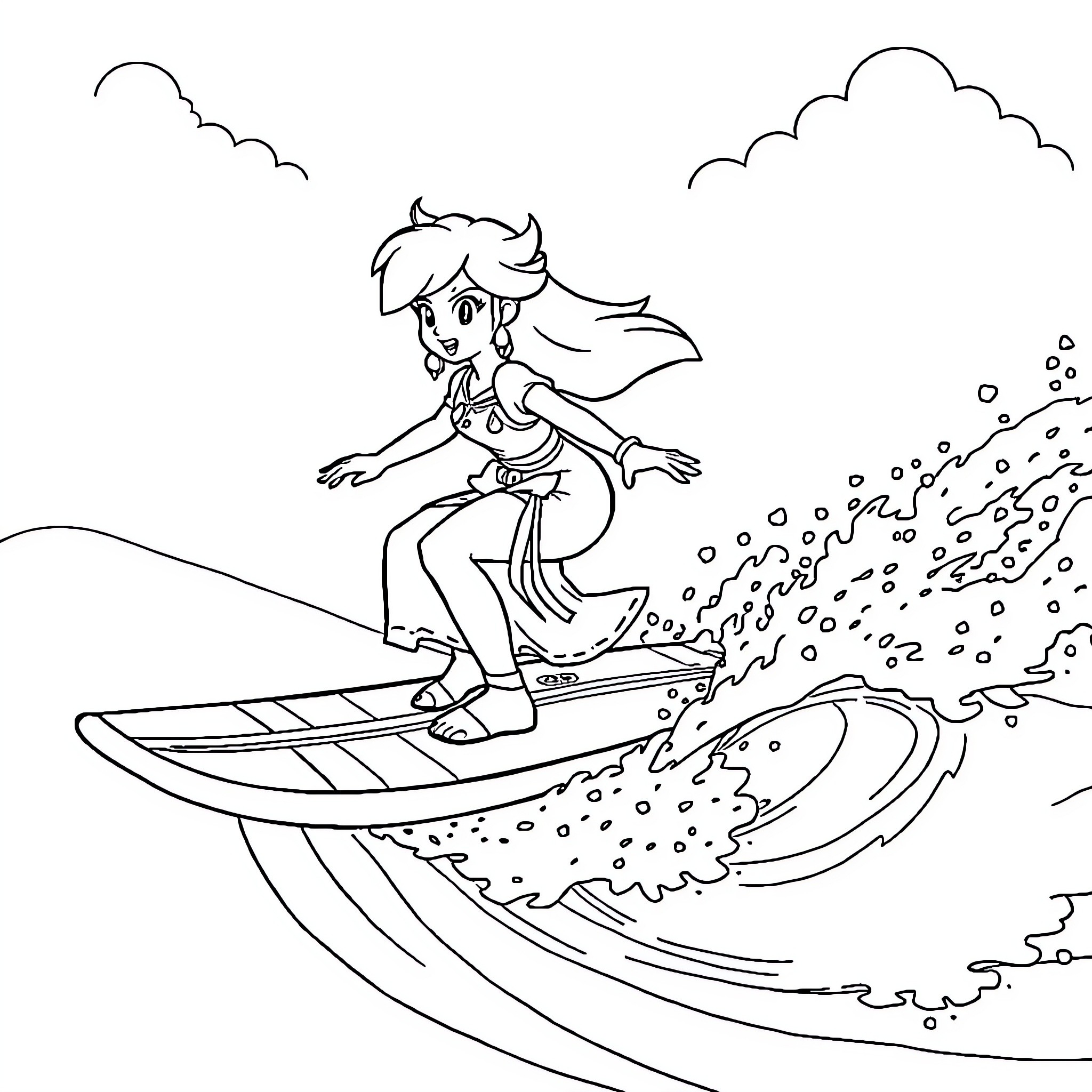 Princess surfing through the waves Coloring Page (free black-and-white line drawing printable PDF for all, from beginners to advanced learners, including children, teens, adults, and seniors)