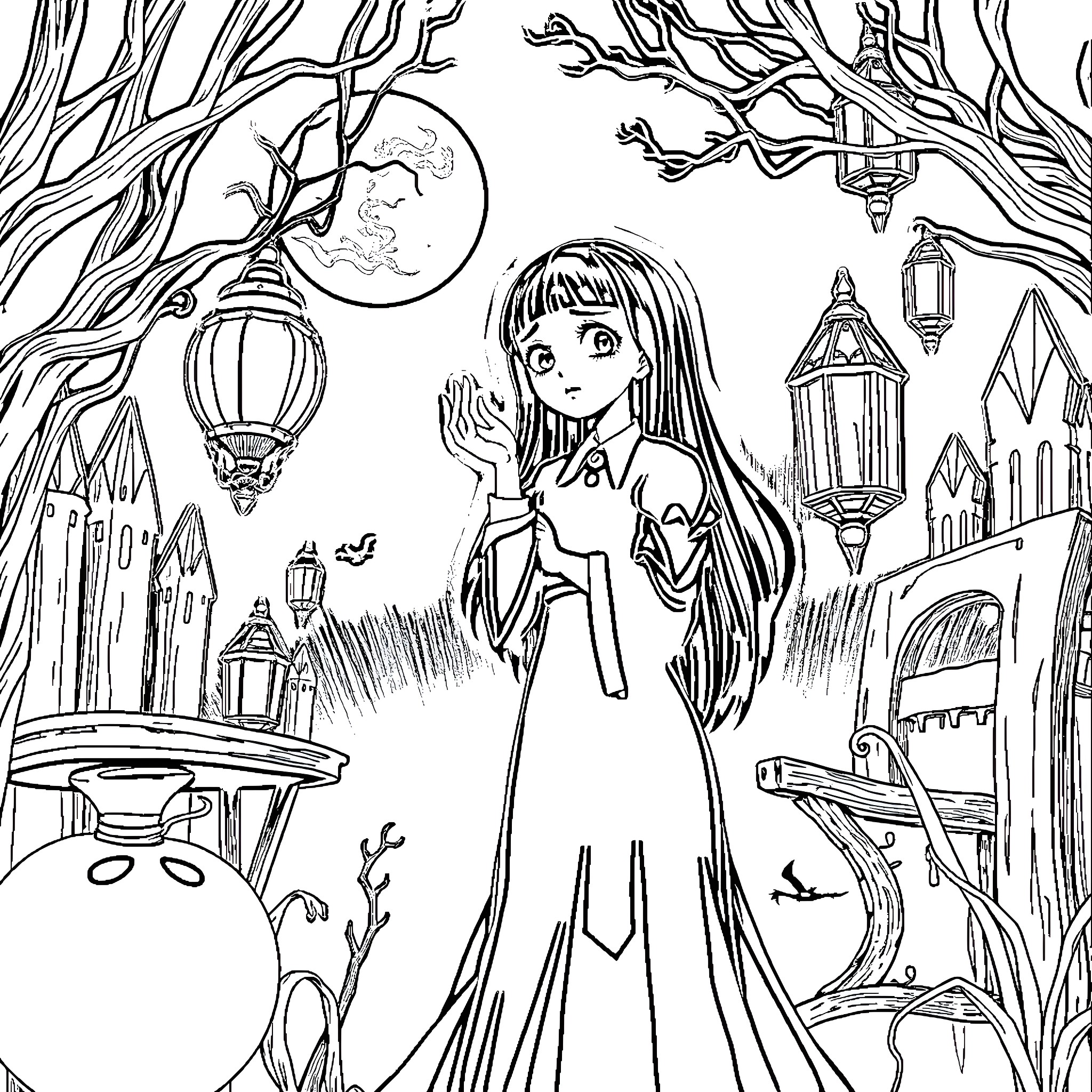 Wednesday Addams in a whimsical, fantastical scene Coloring Page (free black-and-white line drawing printable PDF for all, from beginners to advanced learners, including children, teens, adults, and seniors)