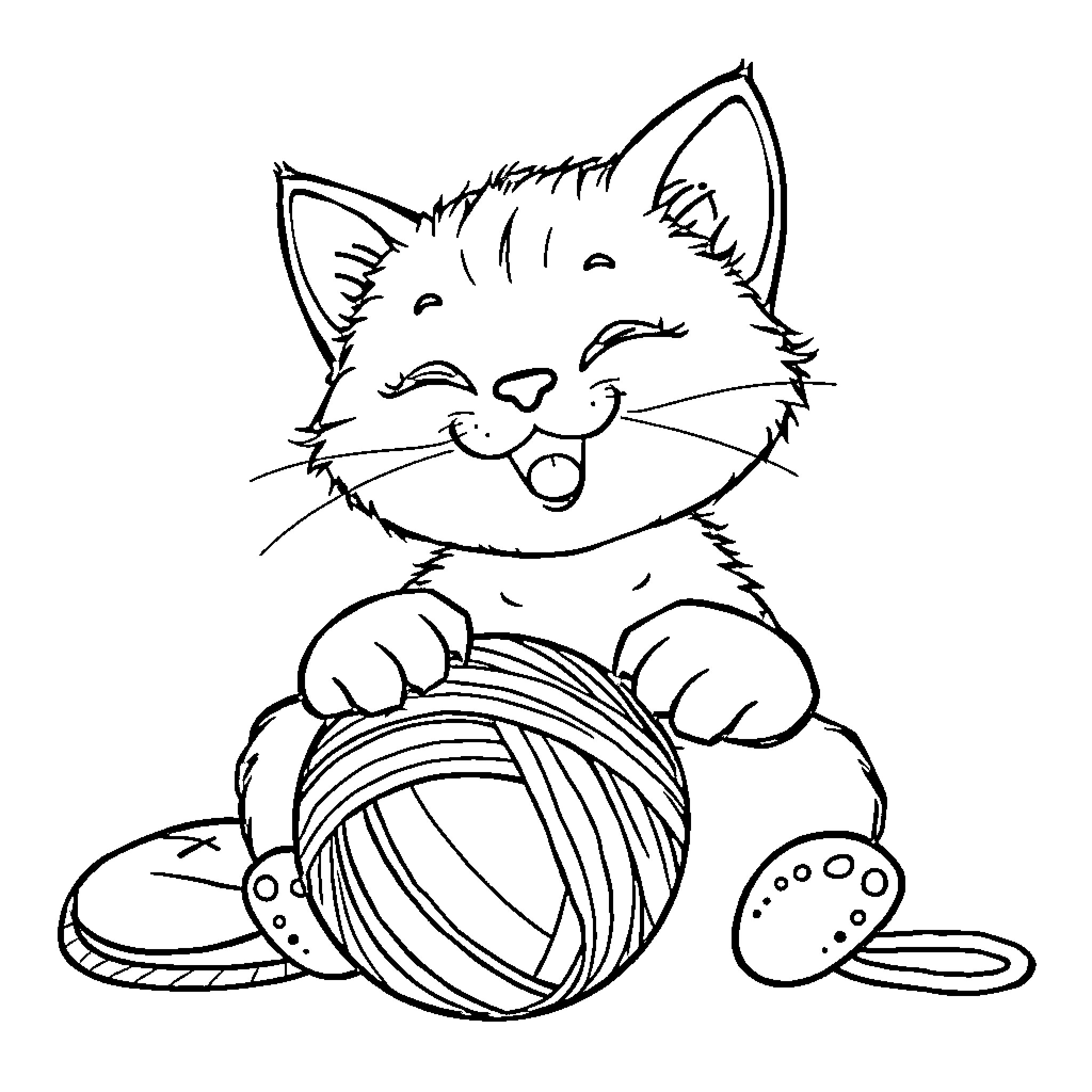 Cat playing with yarn in black and white Coloring Page (free black-and-white line drawing printable PDF for all, from beginners to advanced learners, including children, teens, adults, and seniors)