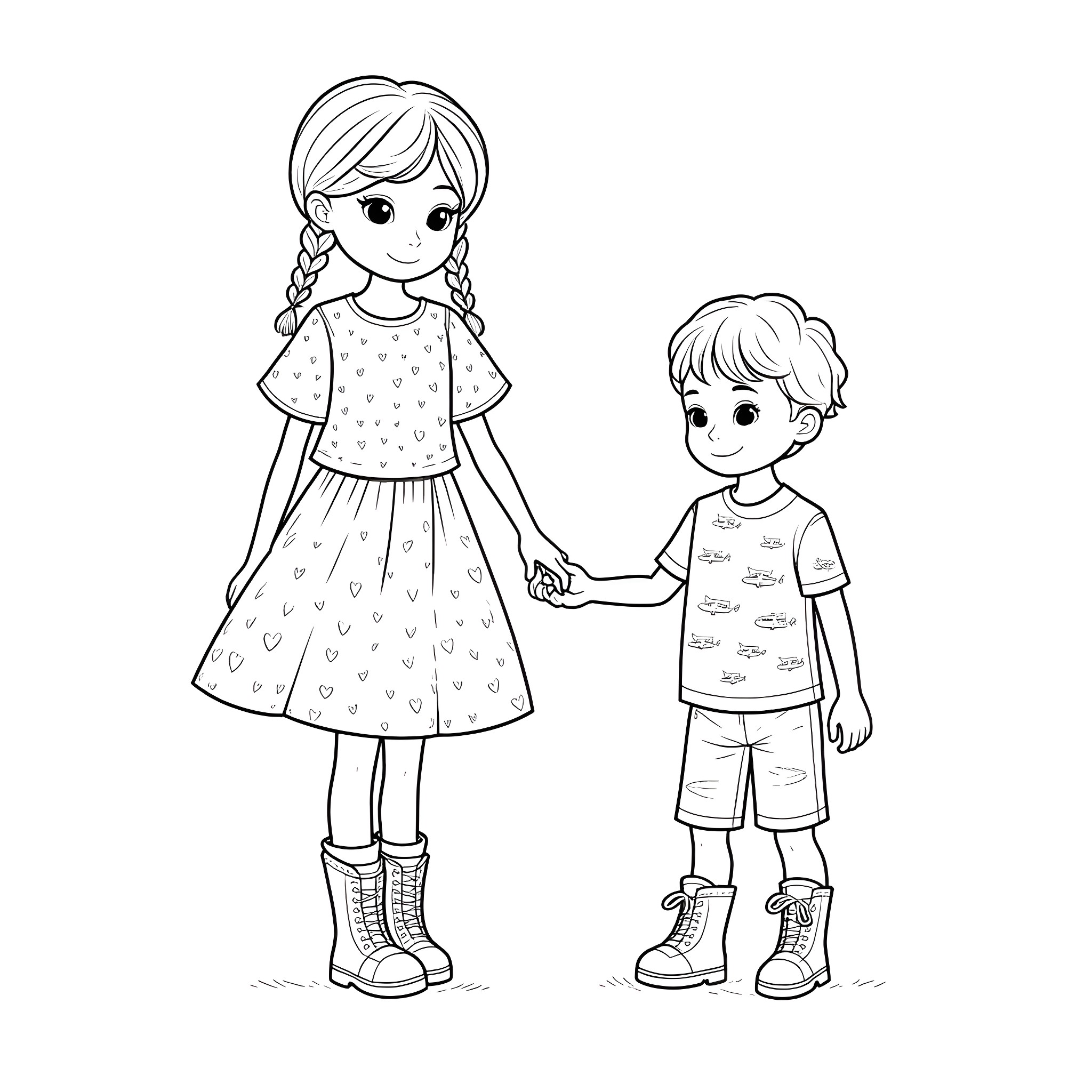 Girl and boy holding hands in the park Coloring Page (free black-and-white line drawing printable PDF for all, from beginners to advanced learners, including children, teens, adults, and seniors)