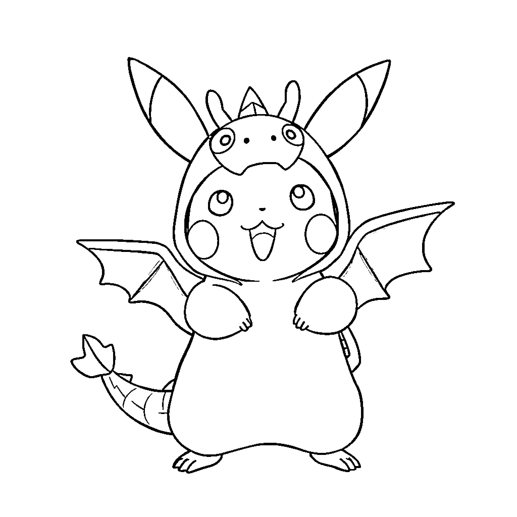 Pikachu dressed as a friendly bat Coloring Page (free black-and-white line drawing printable PDF for all, from beginners to advanced learners, including children, teens, adults, and seniors)