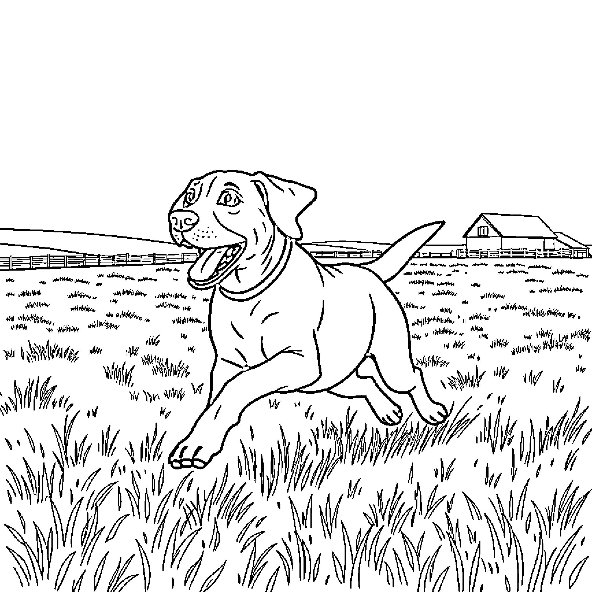 Lab dog happily running through grassy field Coloring Page (free black-and-white line drawing printable PDF for all, from beginners to advanced learners, including children, teens, adults, and seniors)