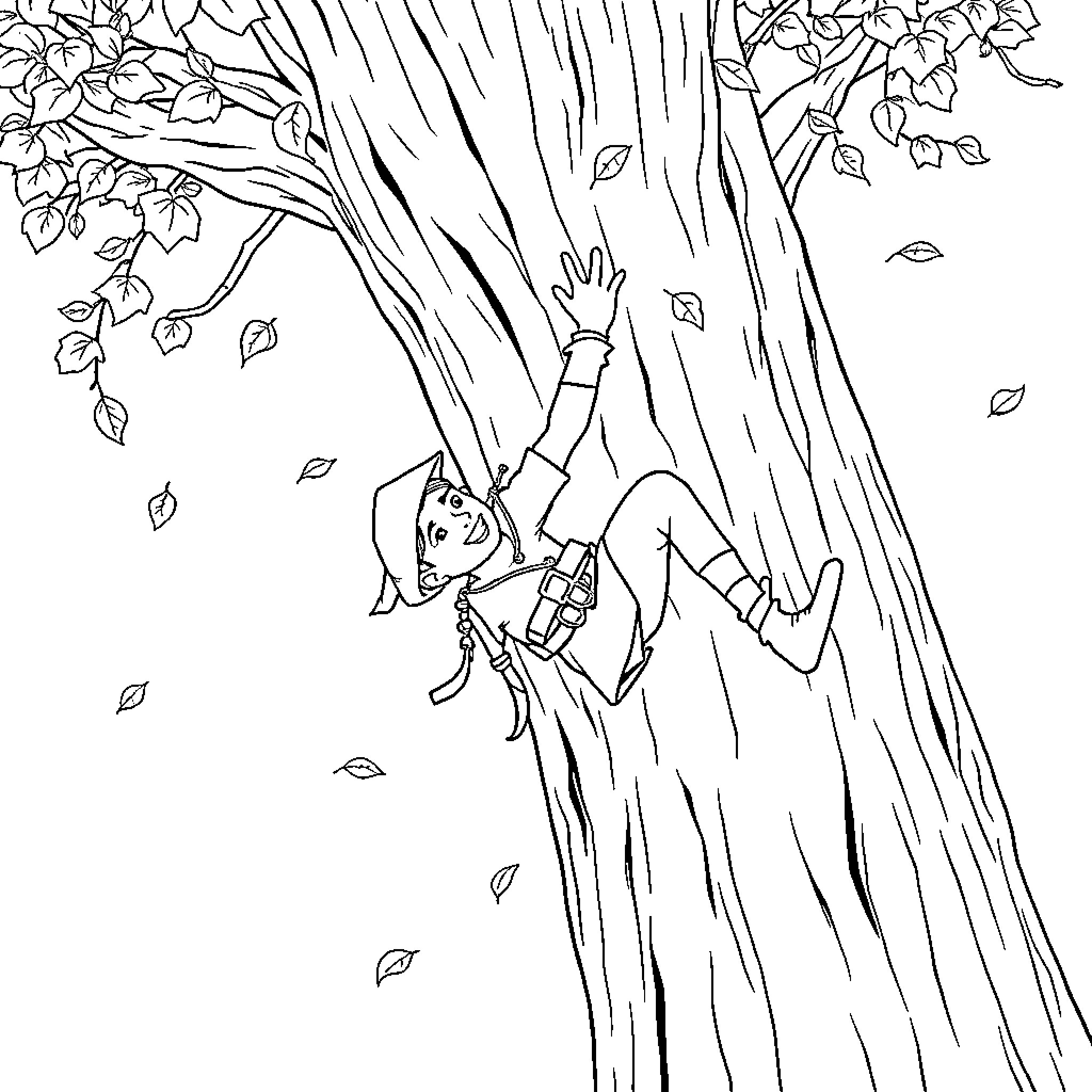 Robin Hood climbing down a tree in the forest Coloring Page (free black-and-white line drawing printable PDF for all, from beginners to advanced learners, including children, teens, adults, and seniors)