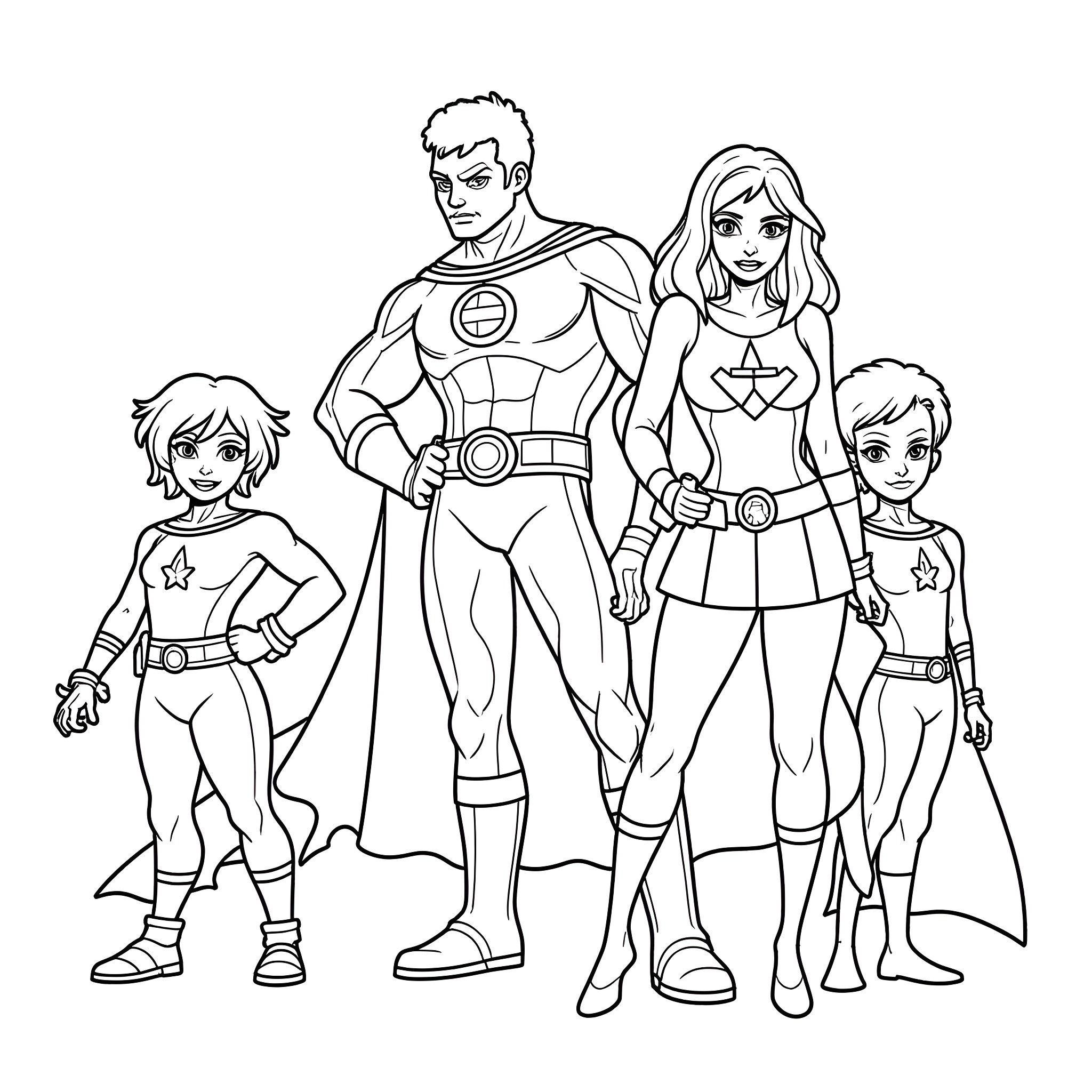 Marvel Superhero Family Posing Together Coloring Page (free black-and-white line drawing printable PDF for all, from beginners to advanced learners, including children, teens, adults, and seniors)