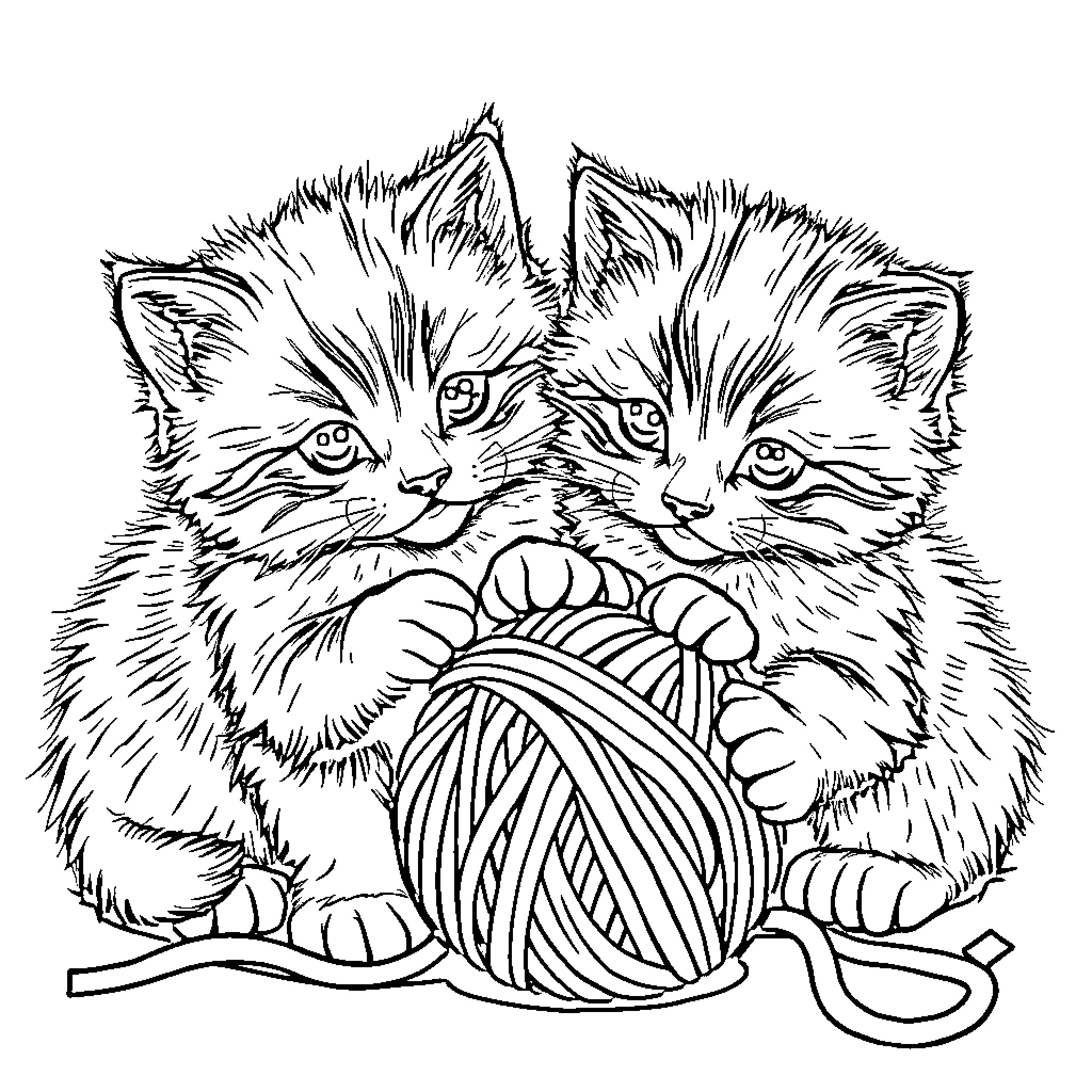 Kitten Playing with Yarn Ball Coloring Page (free black-and-white line drawing printable PDF for all, from beginners to advanced learners, including children, teens, adults, and seniors)