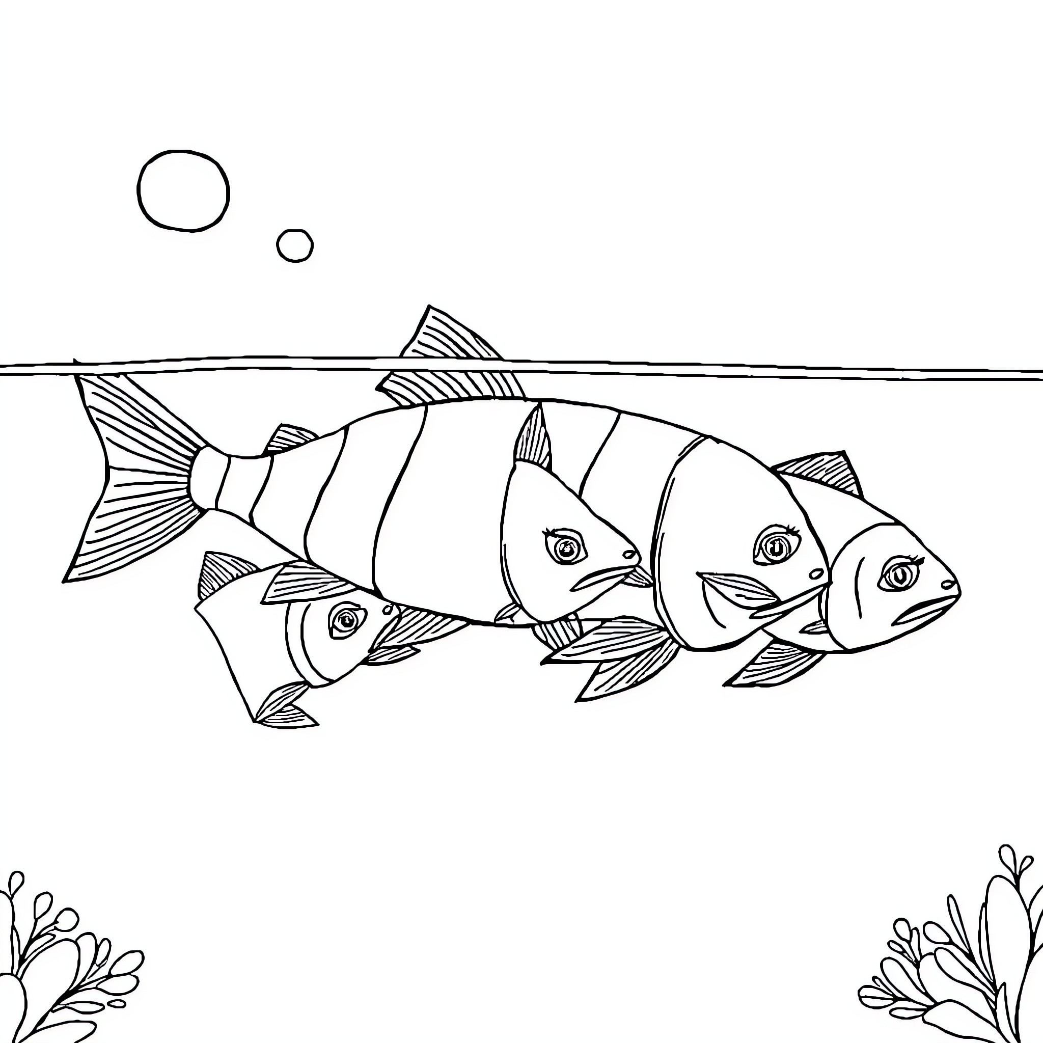 Pez Monja: Aquatic Creatures Swimming Gracefully Coloring Page (free black-and-white line drawing printable PDF for all, from beginners to advanced learners, including children, teens, adults, and seniors)