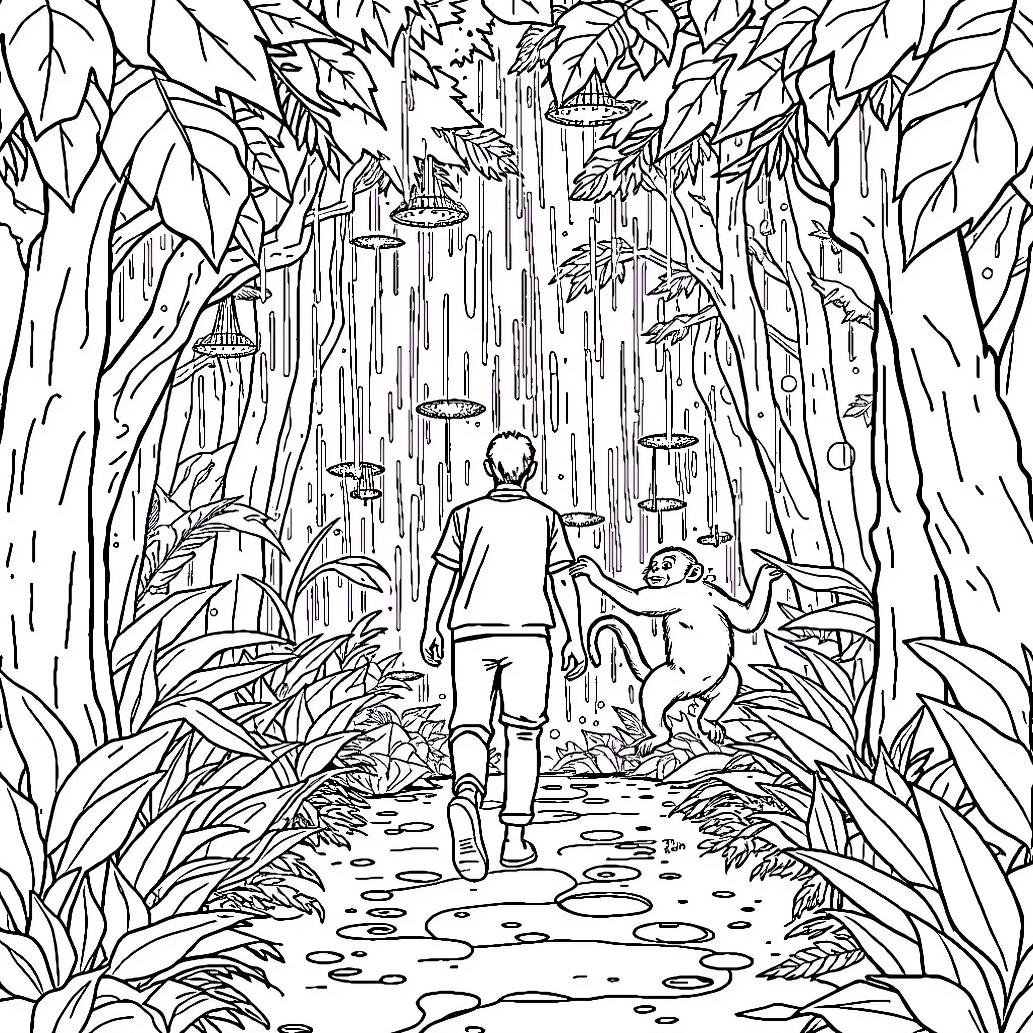 Man exploring lush jungle landscape Coloring Page (free black-and-white line drawing printable PDF for all, from beginners to advanced learners, including children, teens, adults, and seniors)