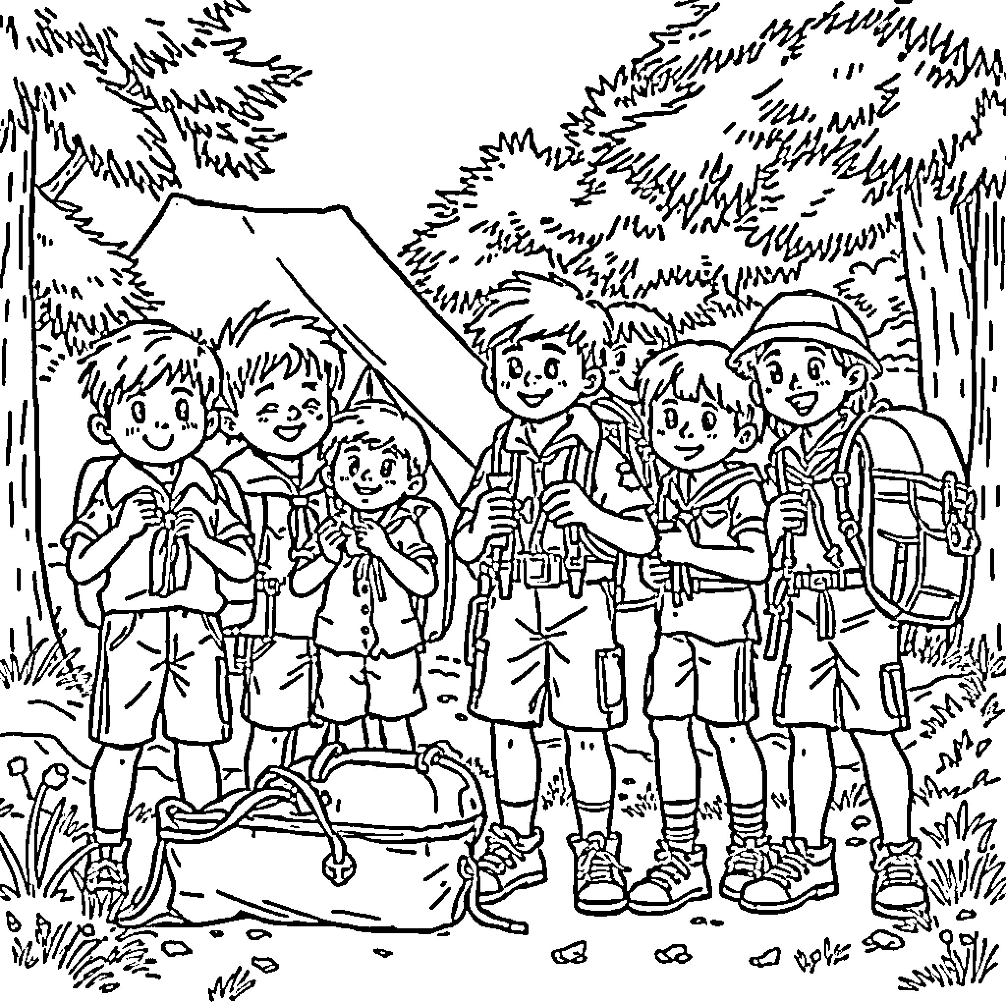 Scout group camping in the forest Coloring Page (free black-and-white line drawing printable PDF for all, from beginners to advanced learners, including children, teens, adults, and seniors)