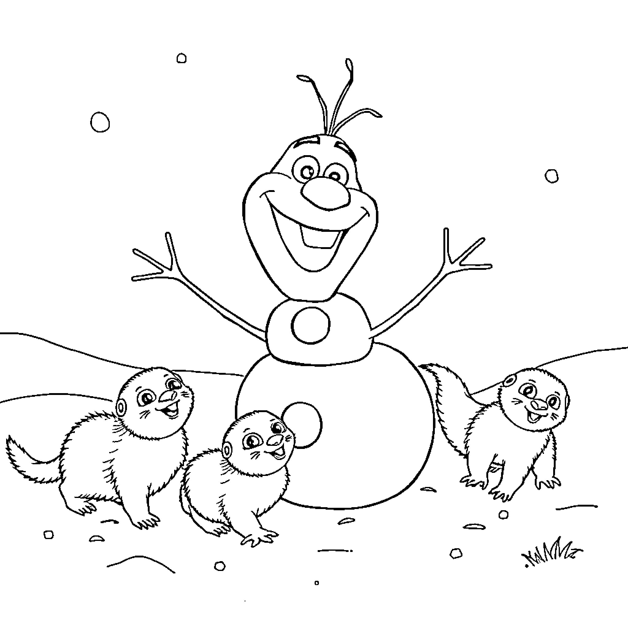 Olaf and Adorable Animal Companions in Snowy Scene Coloring Page (free black-and-white line drawing printable PDF for all, from beginners to advanced learners, including children, teens, adults, and seniors)