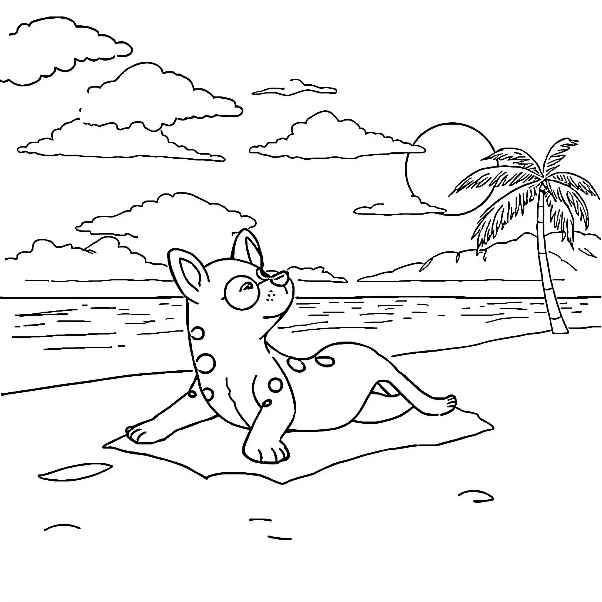 Penda the playful spotted animal on the beach Coloring Page (free black-and-white line drawing printable PDF for all, from beginners to advanced learners, including children, teens, adults, and seniors)